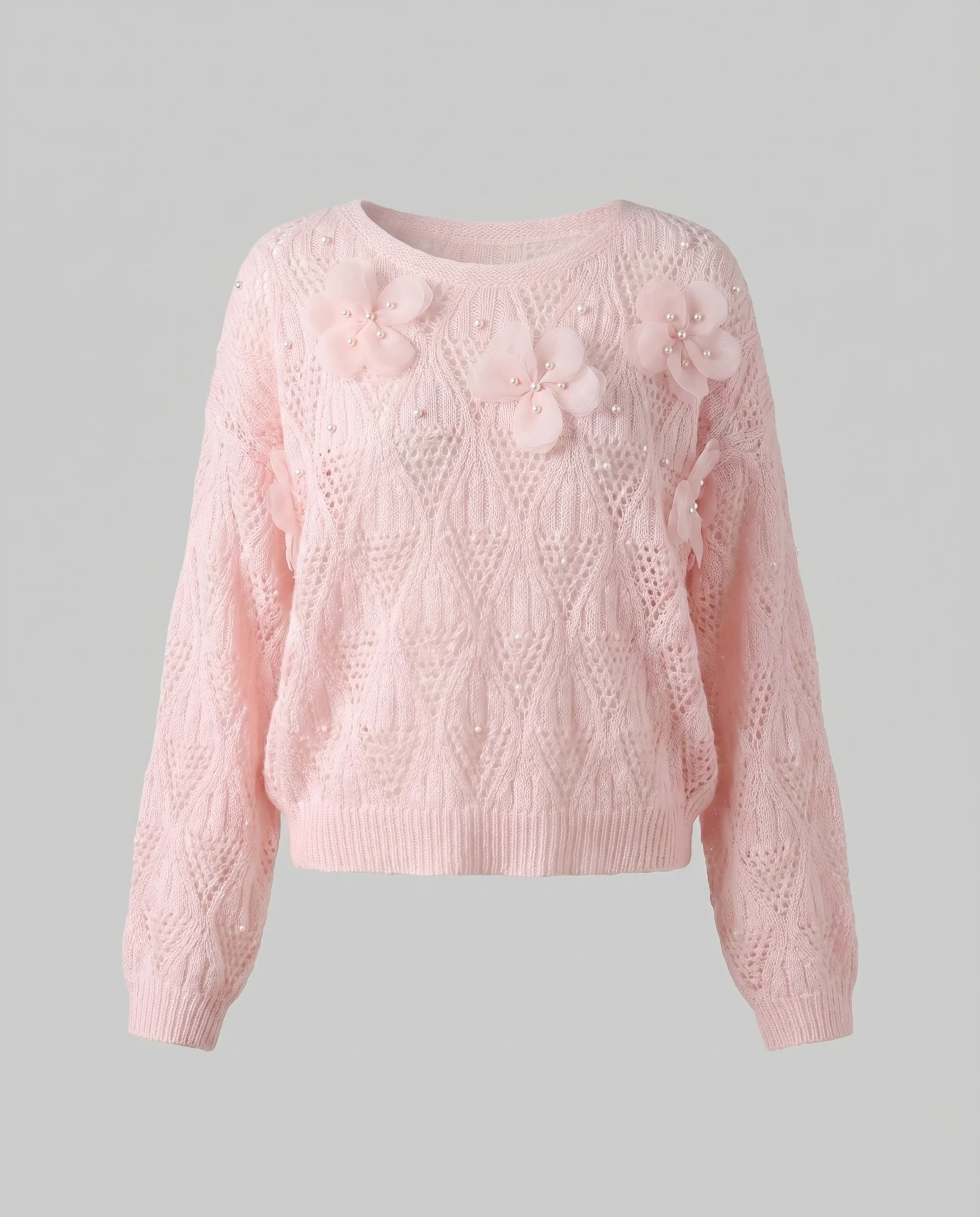 Damen Strick-Pullover Blütenapplikationen Perlendetails Verspielt - Image 5