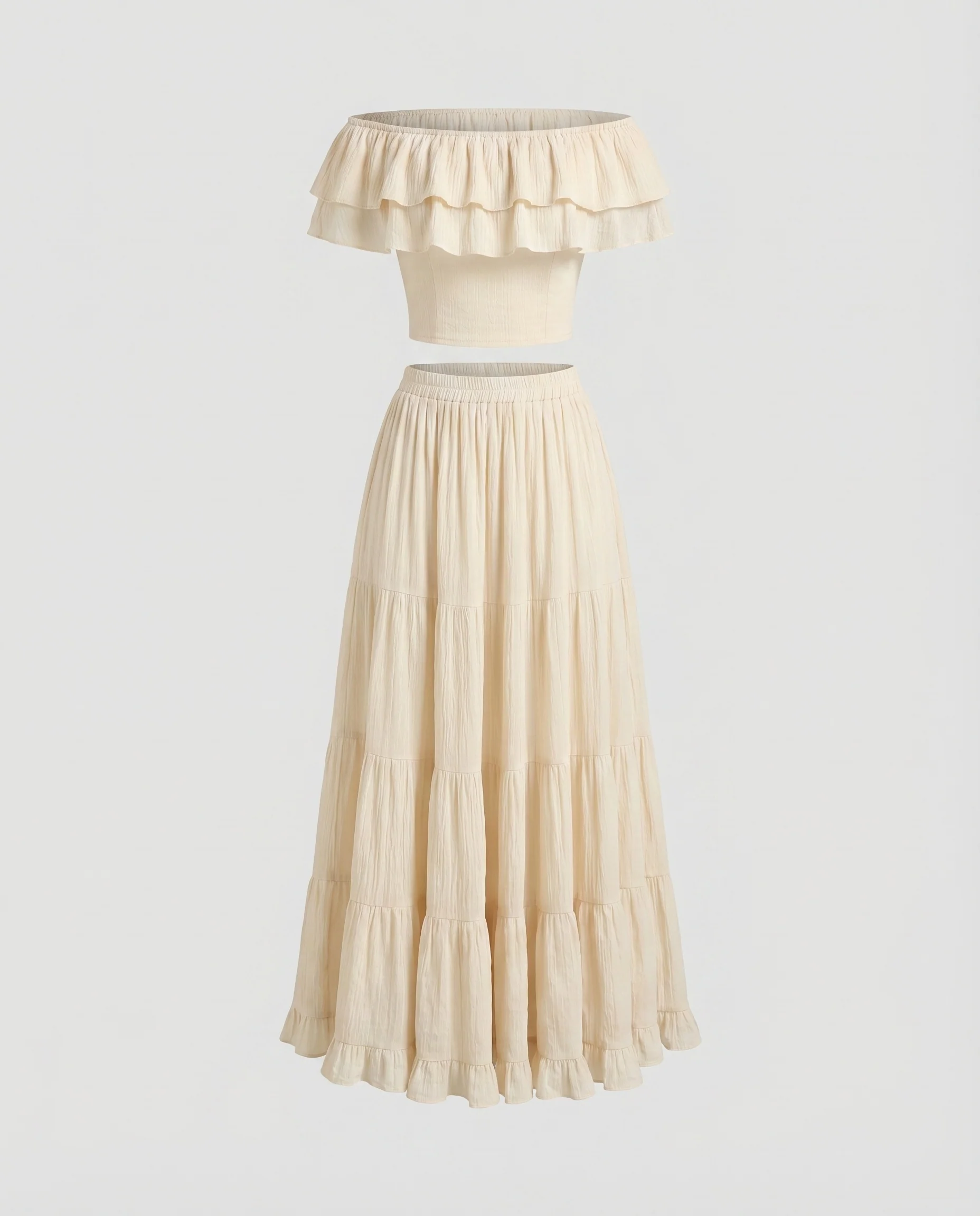 Damen Boho-Set Rüschen-Kurztop Stufenrock Leinenmischung - Image 4