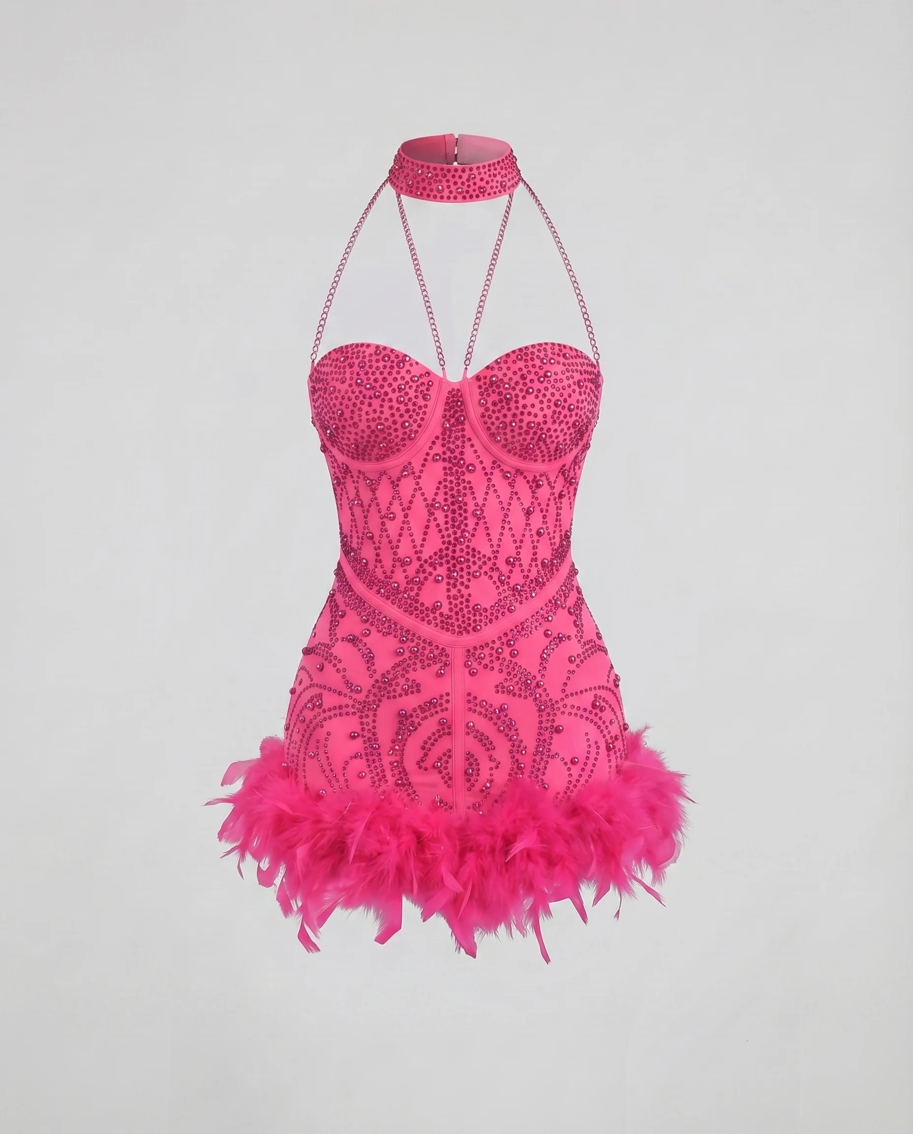 Damen Bustier-Minikleid Strass-Mesh Feder-Saum - Image 7