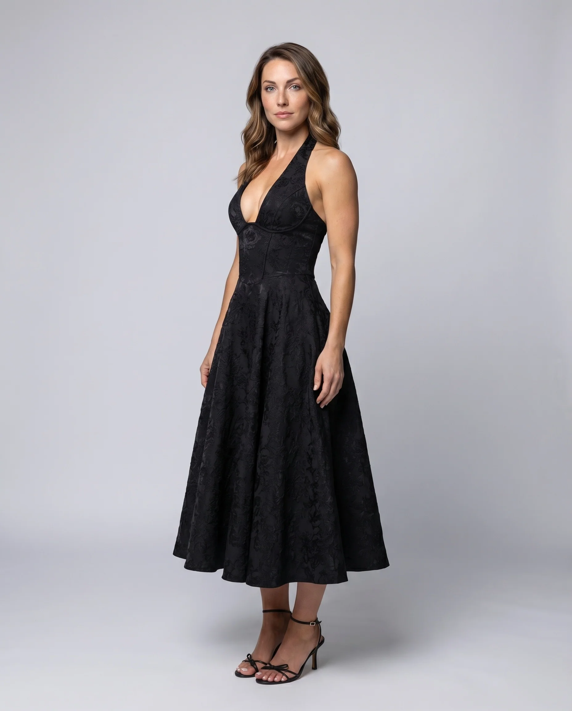 Damen Halter-Midikleid Korsagenmieder Tellerrock