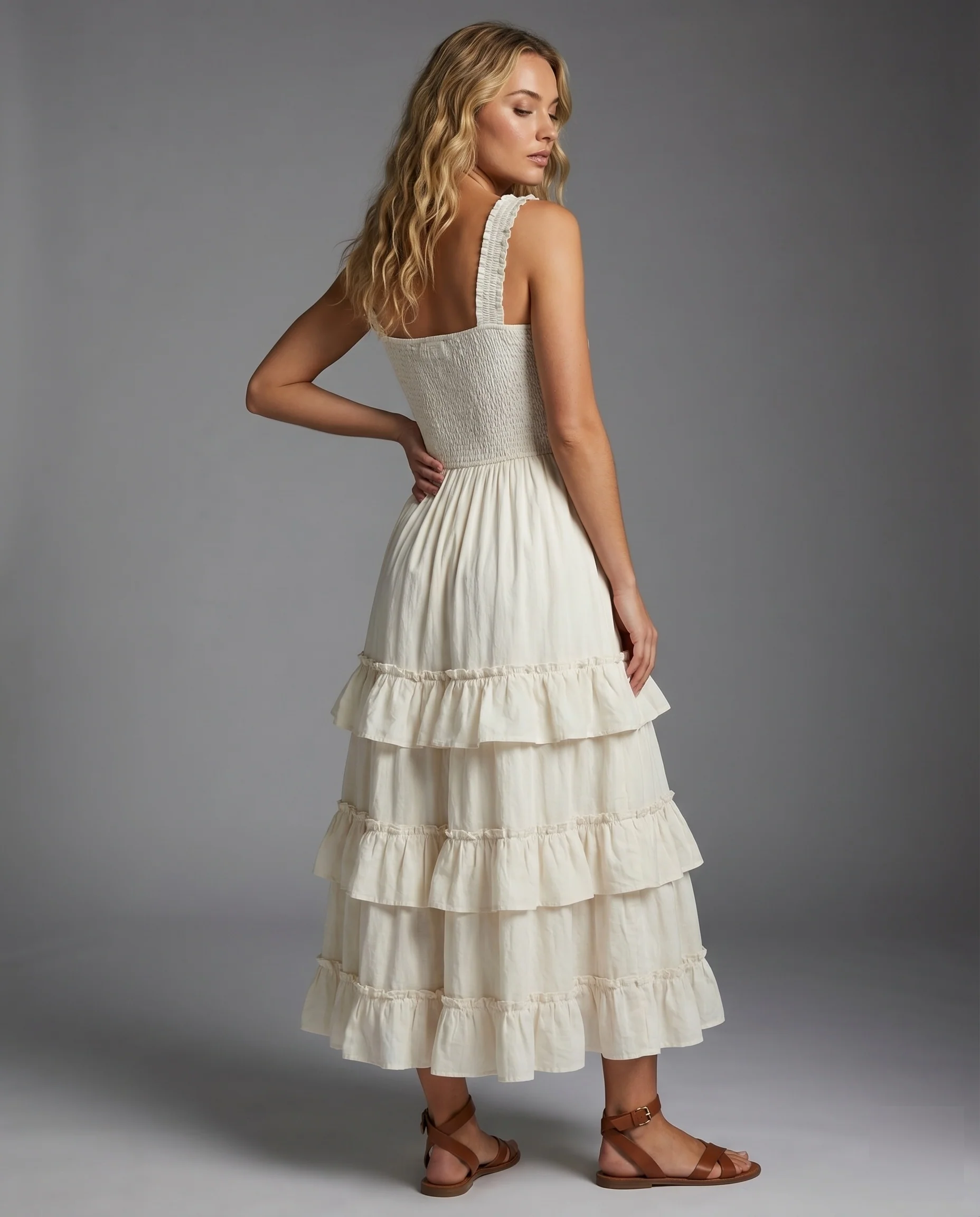 Damen Lagen-Maxikleid Gerafftes Oberteil Knitterstufenrock Voluminös - Image 4