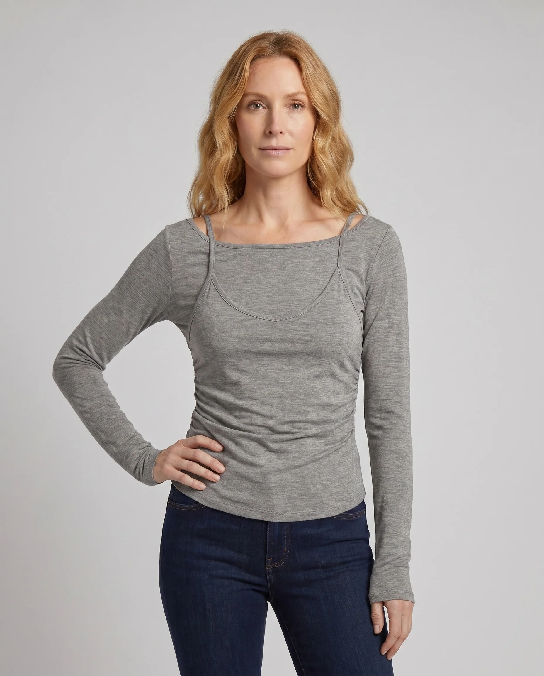 Damen nan weichfallendes Langarm-Top mit geraffter Overlay-Blende und ausgestelltem Volantsaum - Image 2