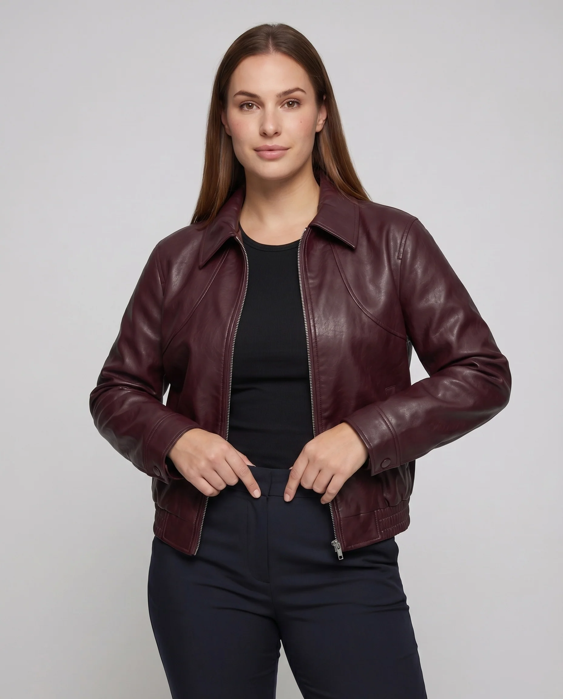 Damen Kunstlederblouson Boxy-Schnitt Hemdkragen Reißverschluss - Image 2
