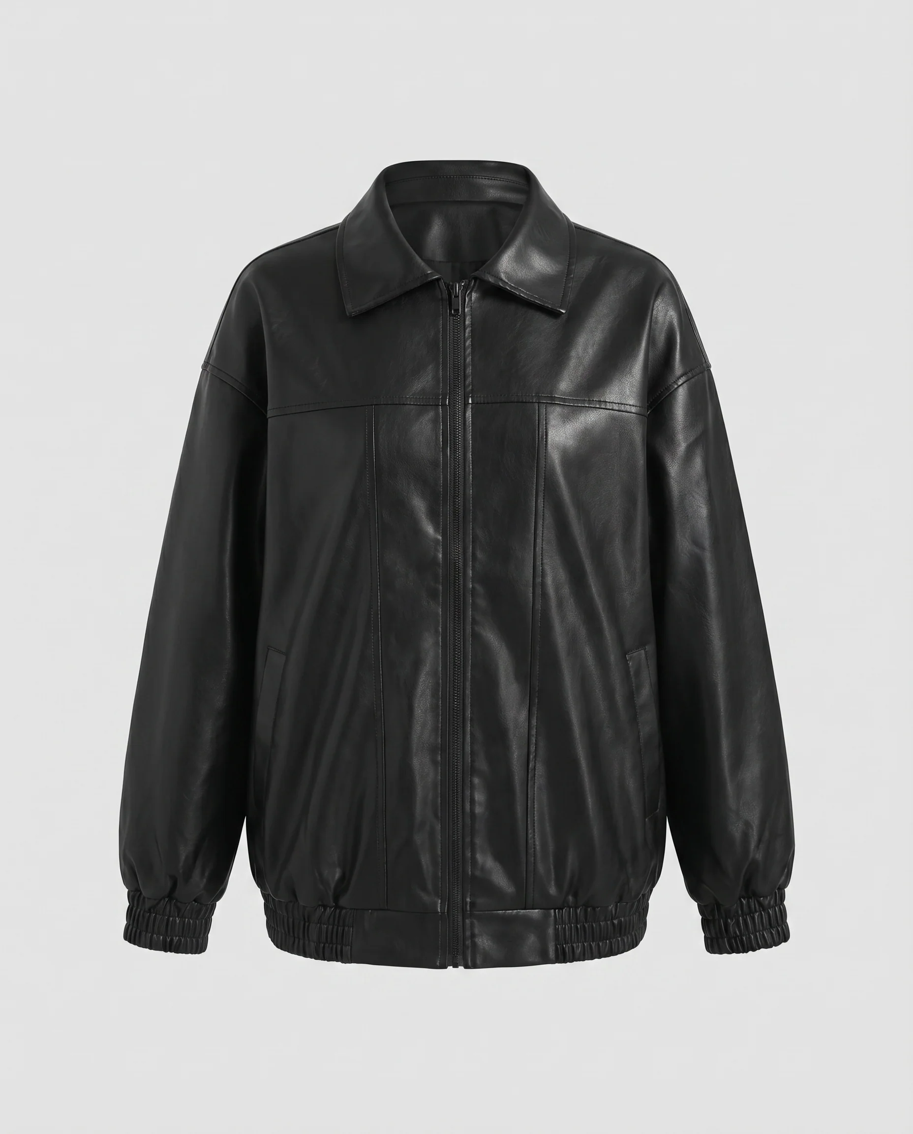 Damen Kunstlederblouson Bomberstil Hemdkragen Ziernähte - Image 5