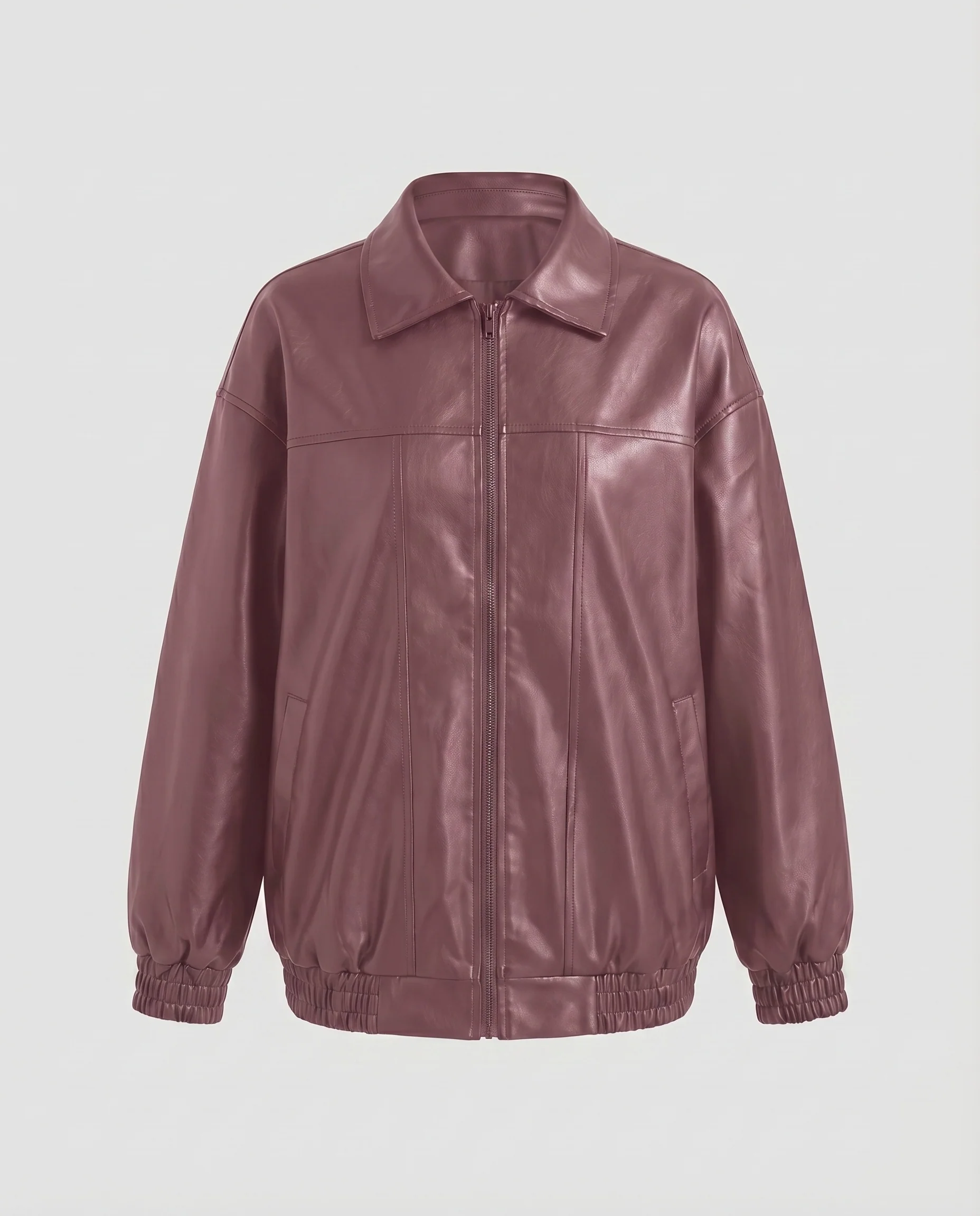 Damen Kunstlederblouson Bomberstil Hemdkragen Ziernähte - Image 7