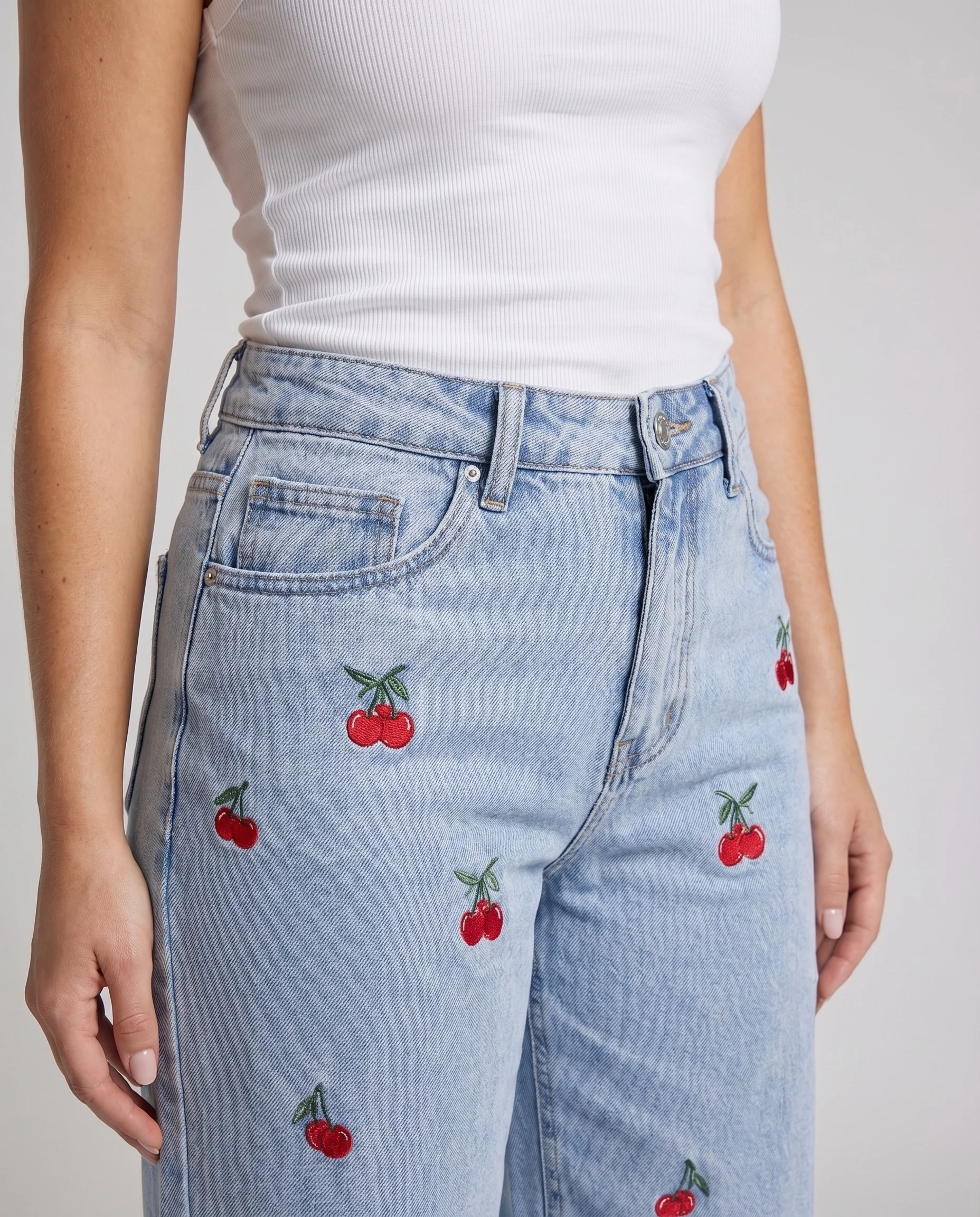 Damen Jeanshose Gänseblümchenstickerei Gerades Bein Taillenhoch - Image 3