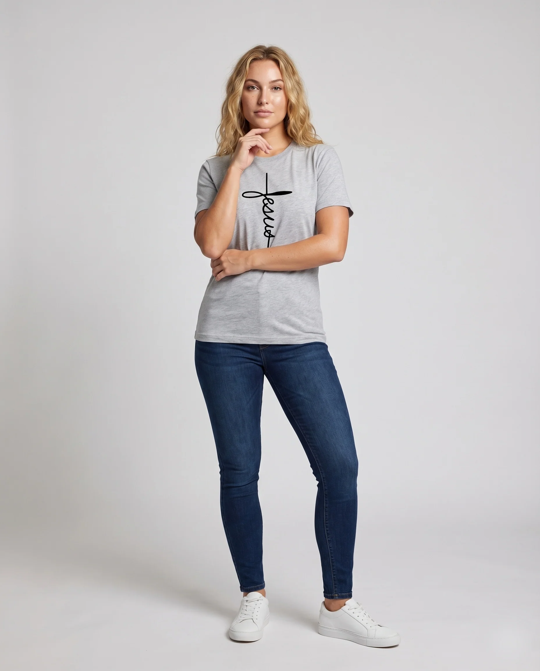 Damen Baumwollshirt Jesus-Kreuzaufdruck Rundhals Weit