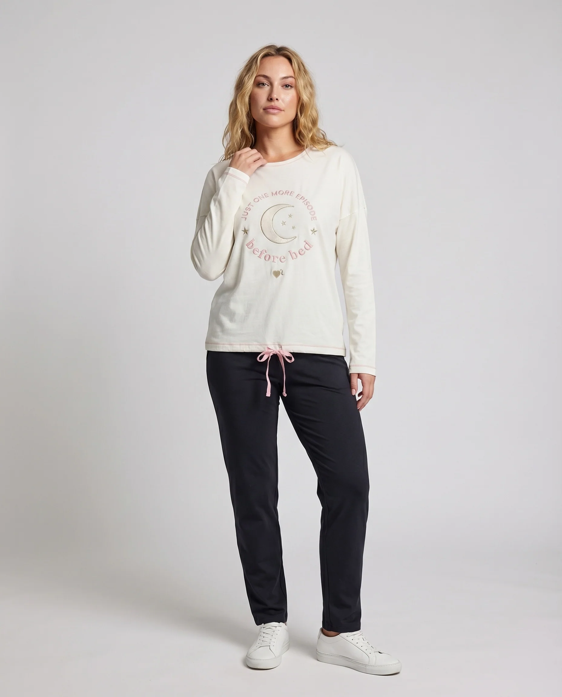 Damen Langarm-Schlafshirt Mond-Stern-Stickerei Tunnelzugsaum Rundhals