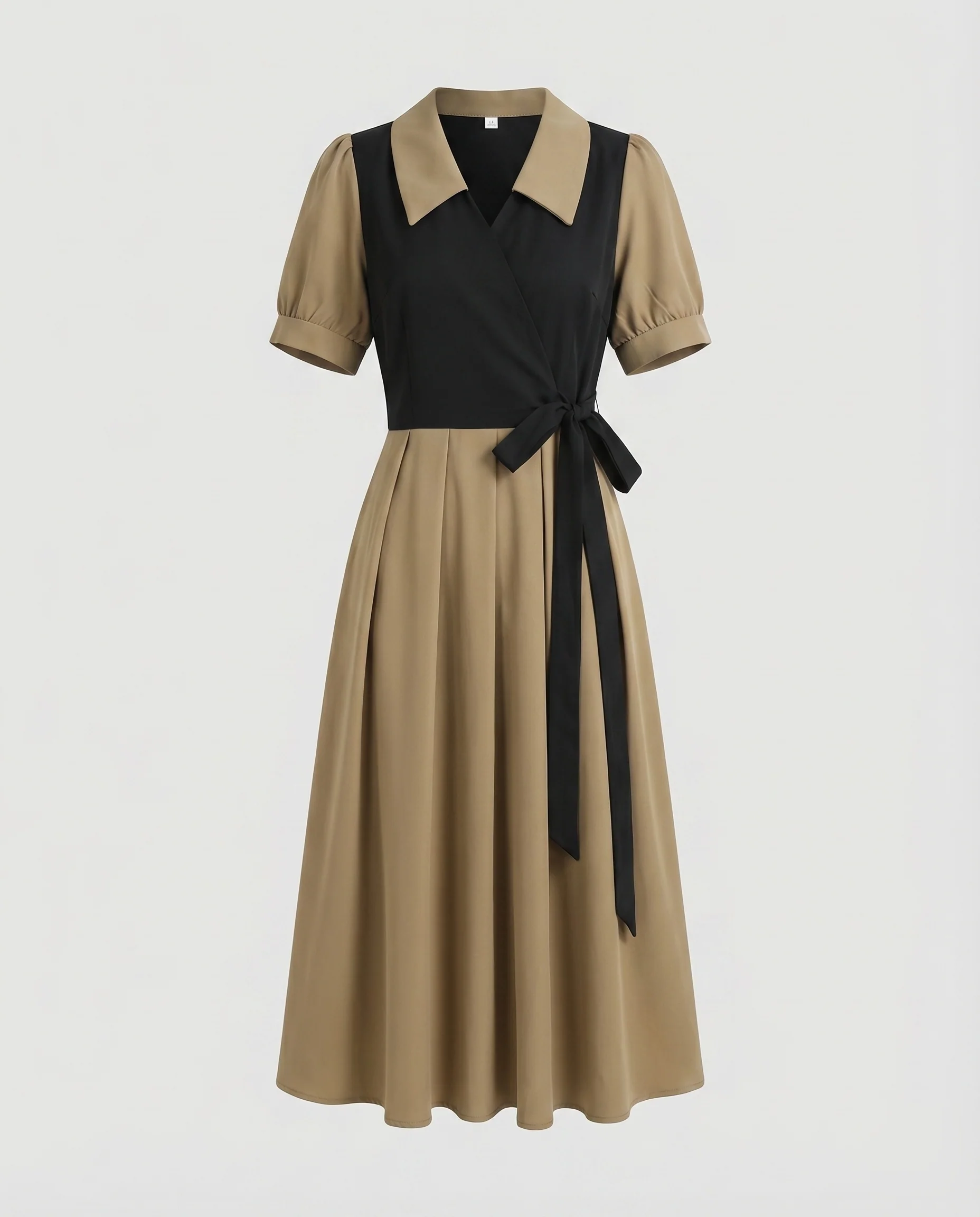 Damen Wickel-Midikleid Hemdblusenkragen Plisseerock Kontrastbesatz - Image 5