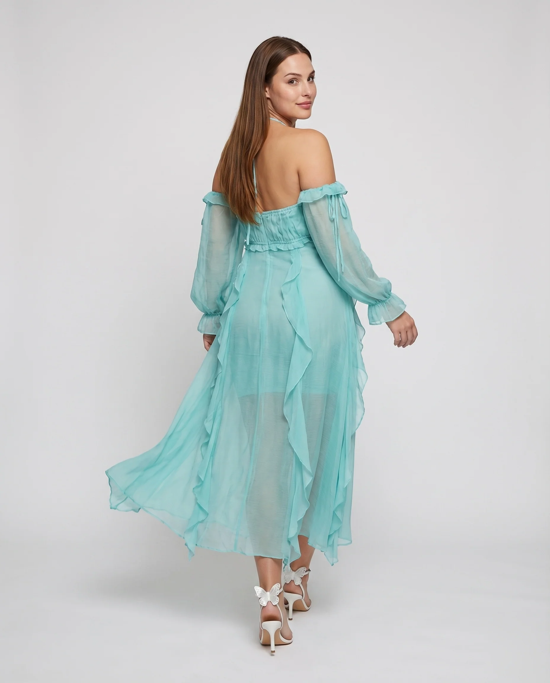 Damen Chiffonkleid Herzförmige Korsage Armstulpen Neckholder - Image 2