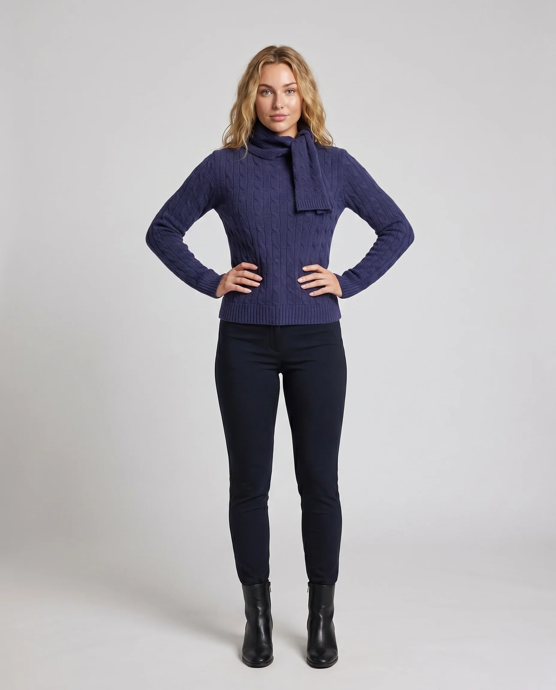 Damen nan Zopfstrick-Pullover mit integriertem Schlauchschal und tailliertem Rippbund