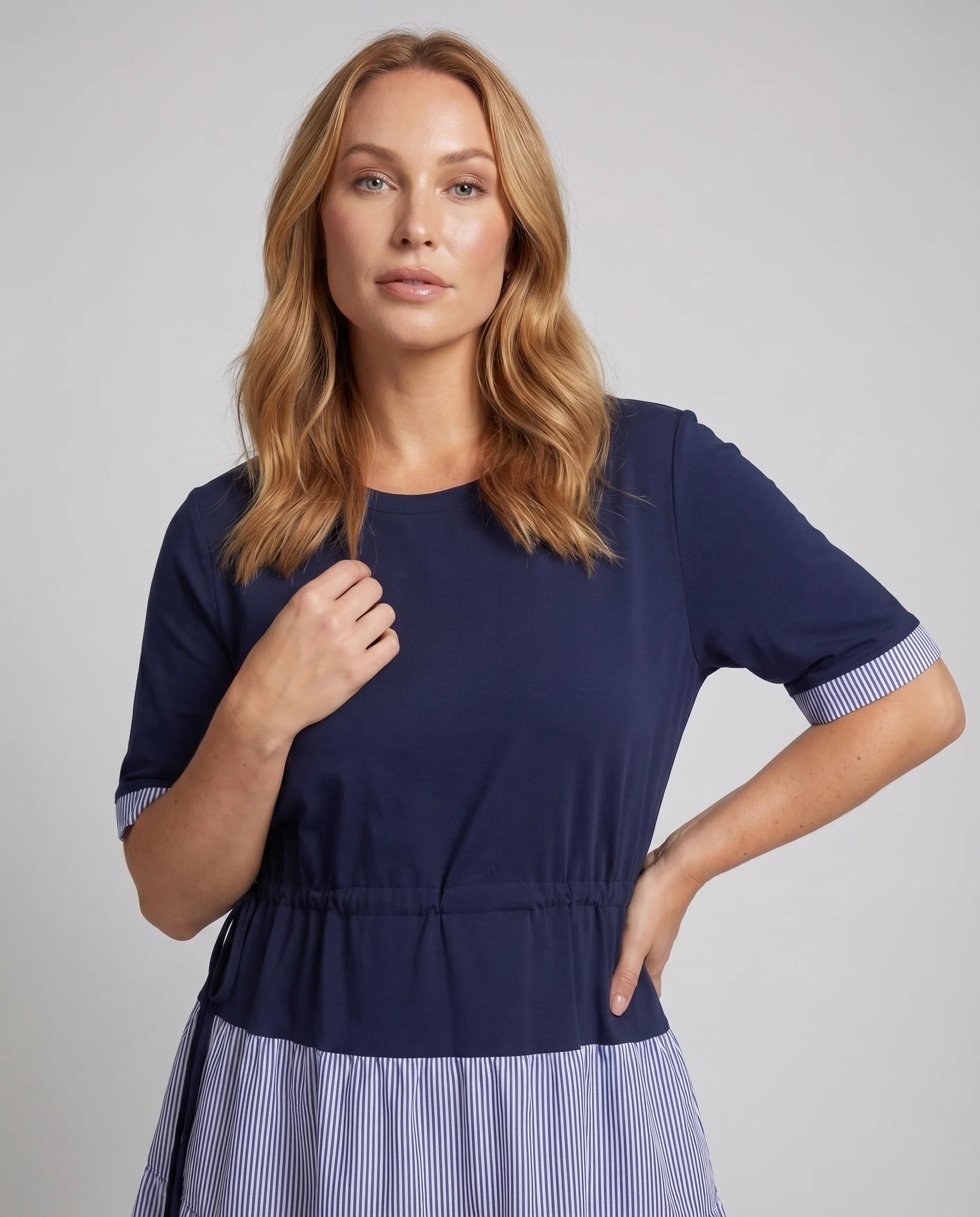 Damen Teller-Midikleid Nadelstreifenrock Taillenraffung Zweifarbig - Image 2