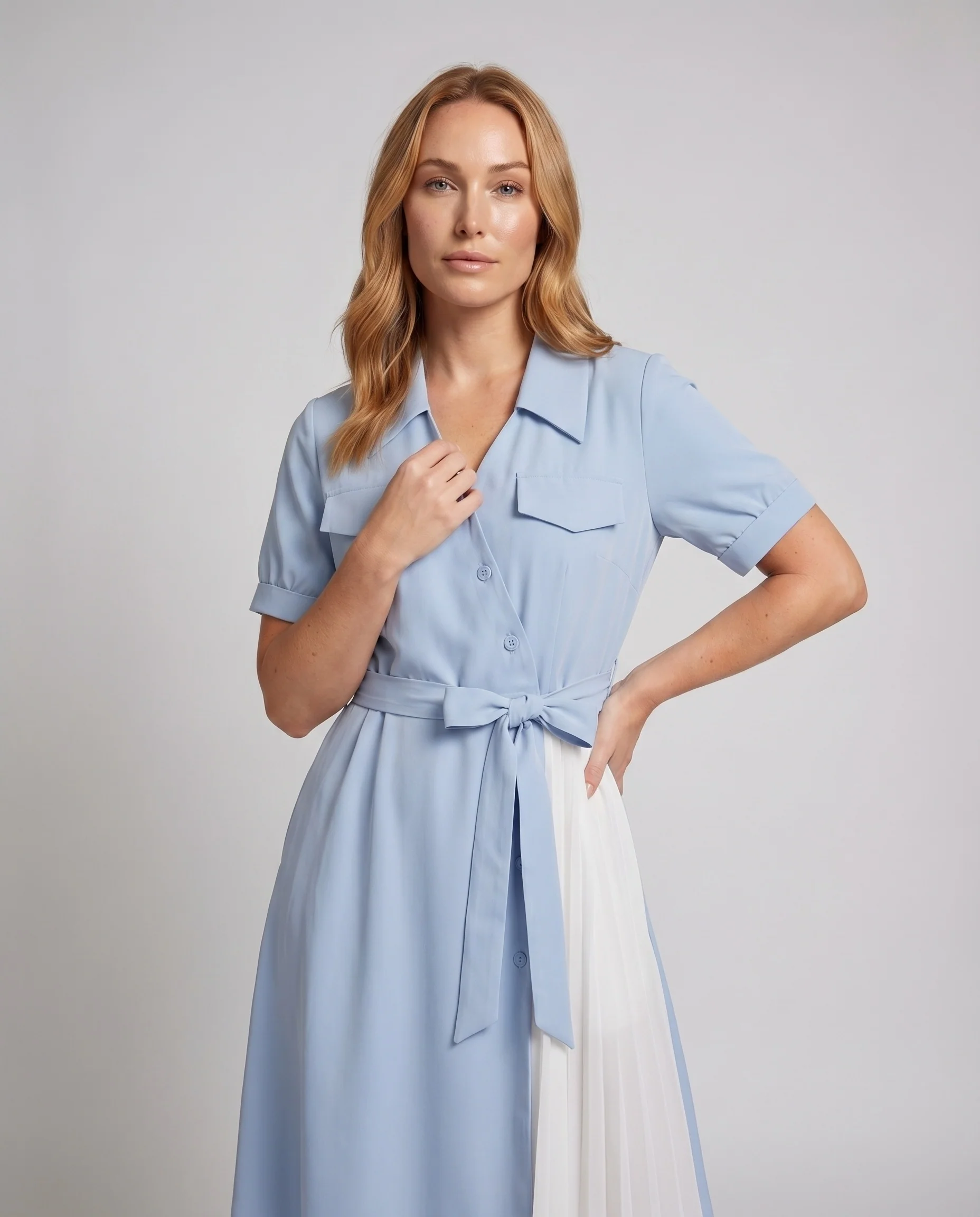 Damen Hemdblusenkleid Plissierter Unterrock Brusttaschen Bindegürtel - Image 2