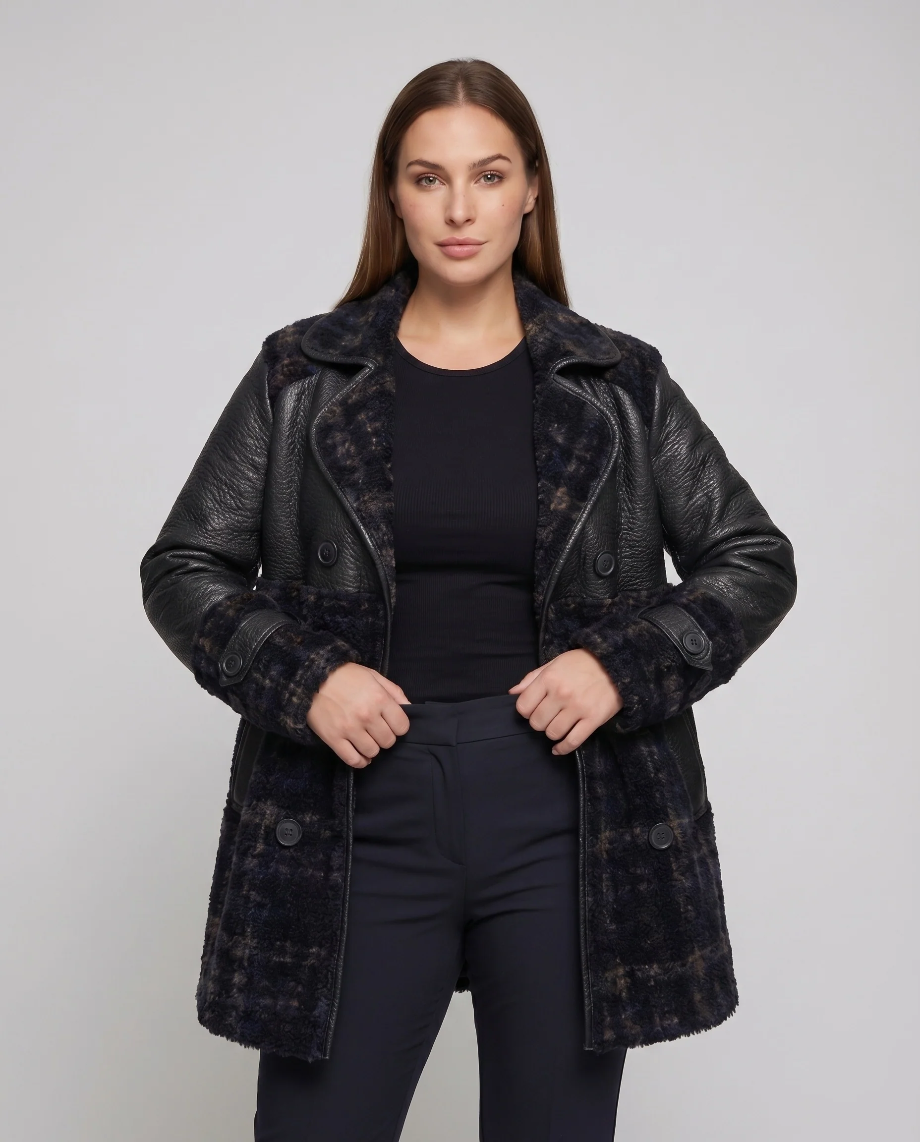 Damen Materialmix-Mantel Bouclé-Paneele Kunstlederbesatz - Image 2