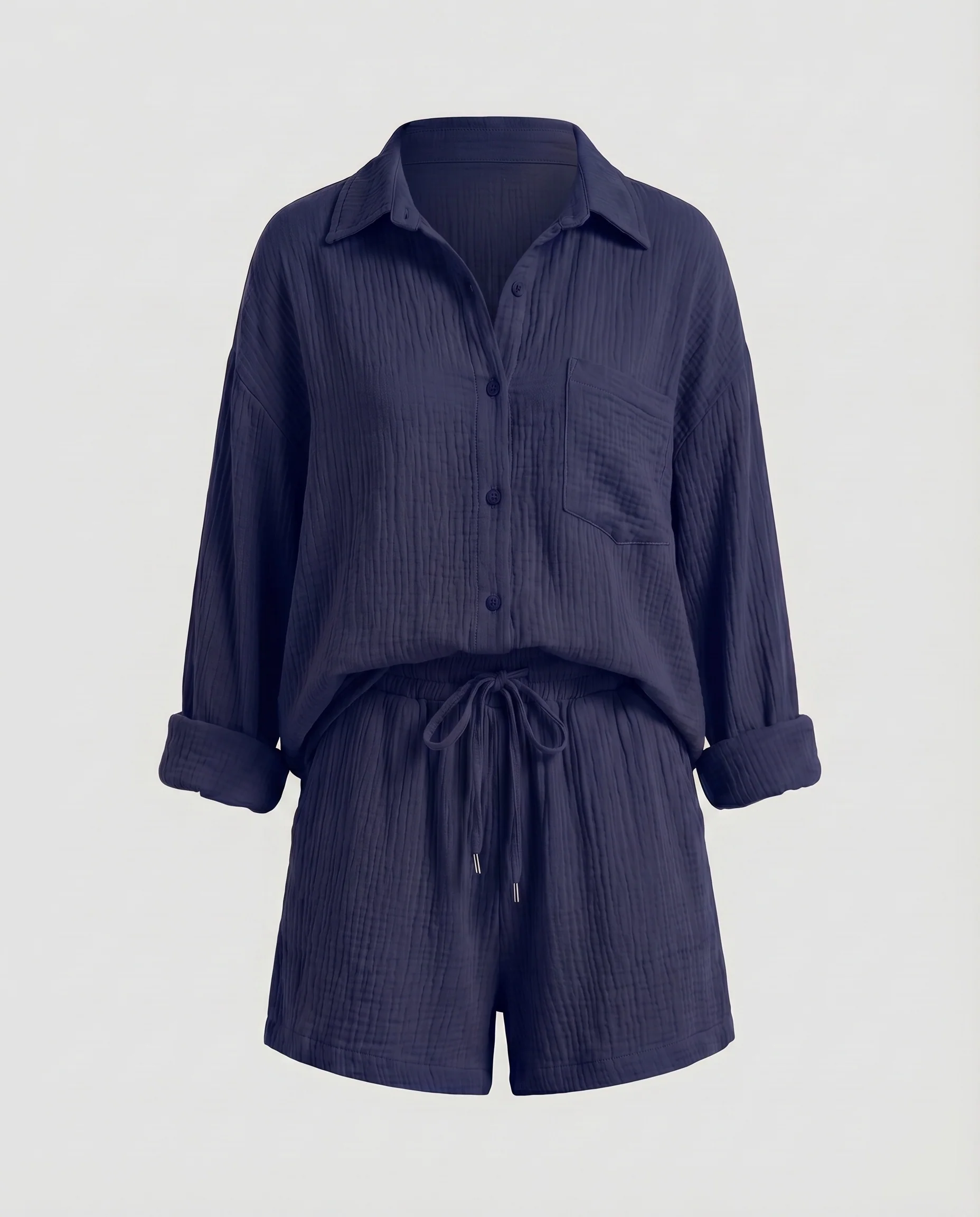 Damen Musselin-Set Oversize-Hemdjacke Shorts mit Kordelzug Baumwollgaze - Image 17