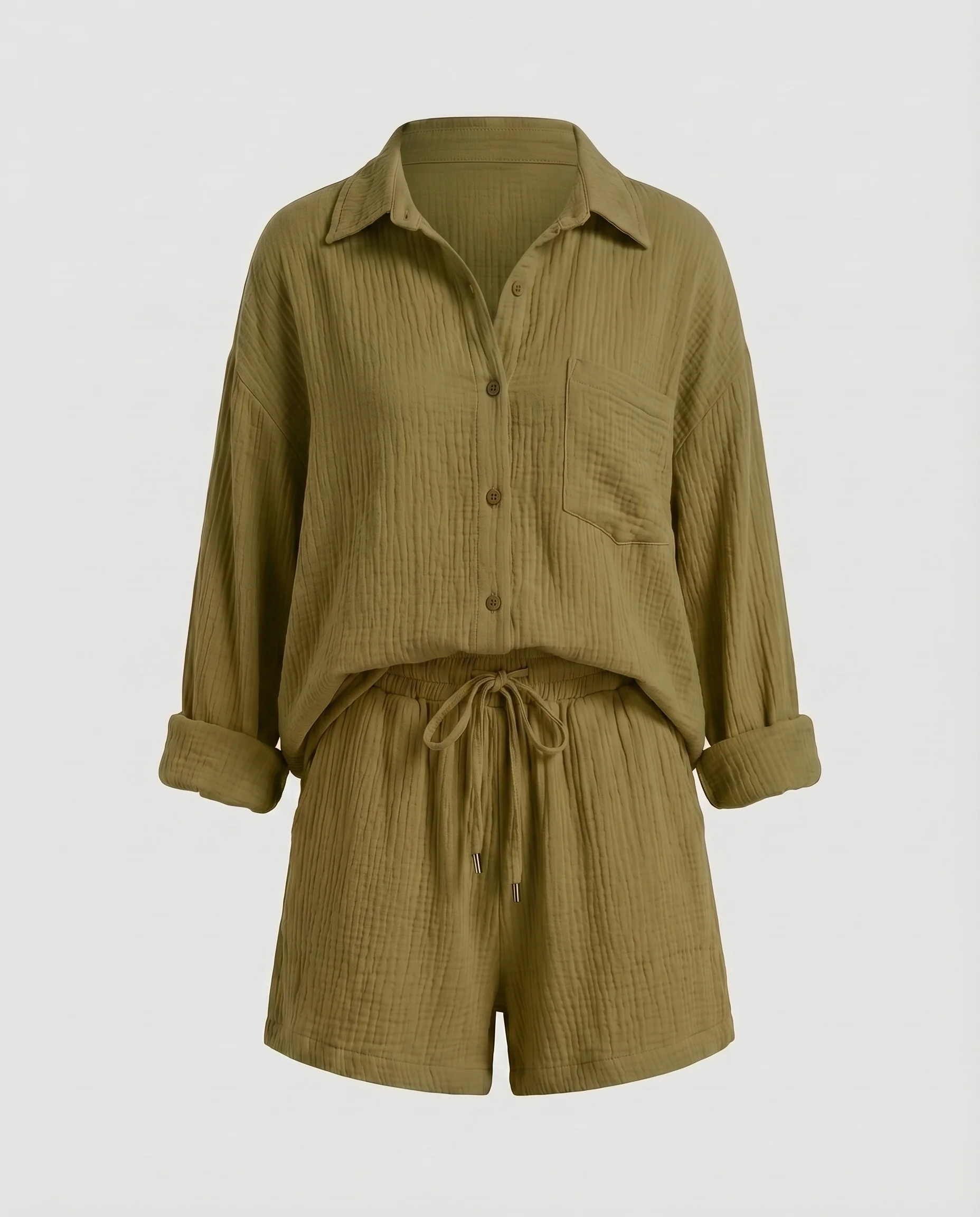 Damen Musselin-Set Oversize-Hemdjacke Shorts mit Kordelzug Baumwollgaze - Image 20