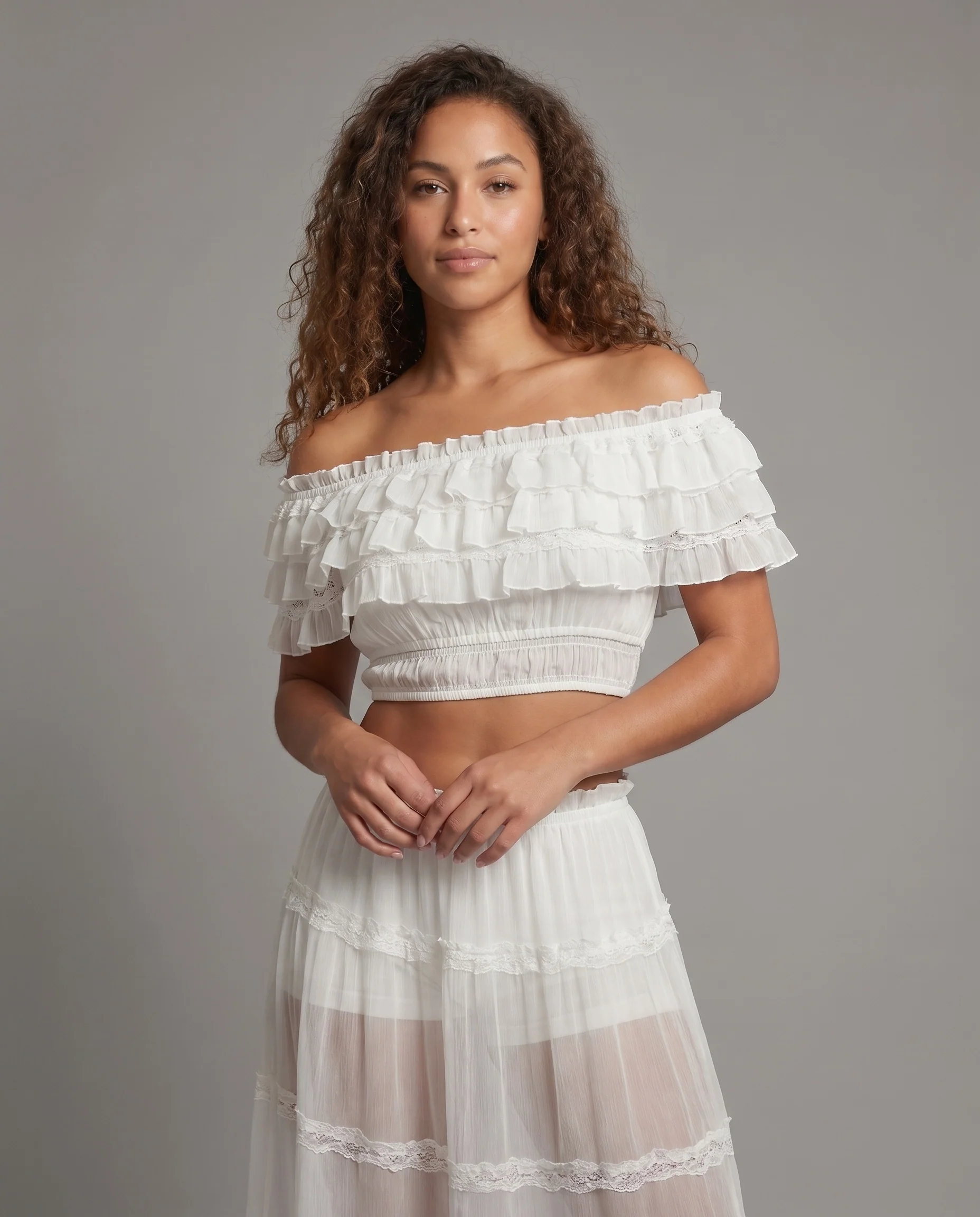Damen Strandensemble Carmen-Volant-Crop Stufiger Maxirock Romantisch - Image 2