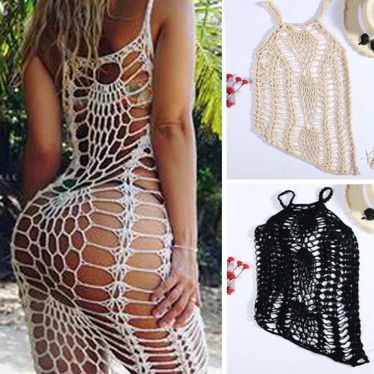 Damen Netz-Strandkleid mit ausgefallenen Lochmustern und tiefem Ausschnitt R&B