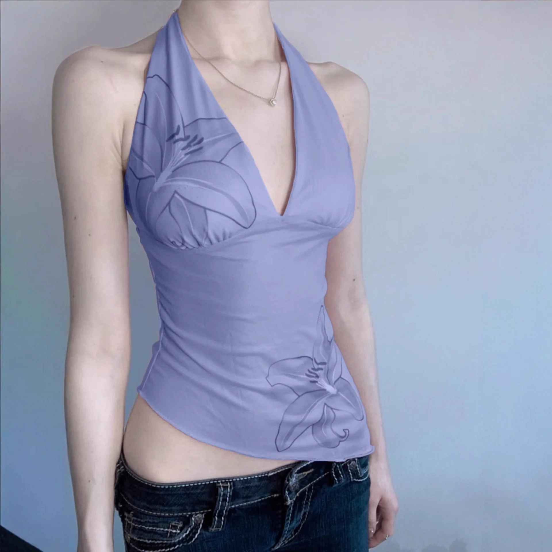 Damen Oberteil im Halterneck-Design mit floralem Druck und asymmetrischem Schnitt R&B - Image 4