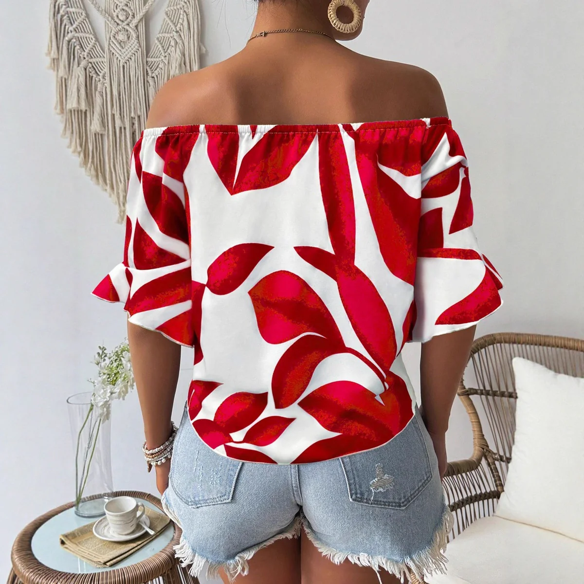 Damen Off-Shoulder Bluse mit floralem Muster und taillierbarem Knoten R&B - Image 3