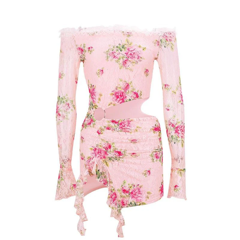 Damen Off-Shoulder Blusenkleid mit floralen Akzenten und asymmetrischem Design R&B - Image 5