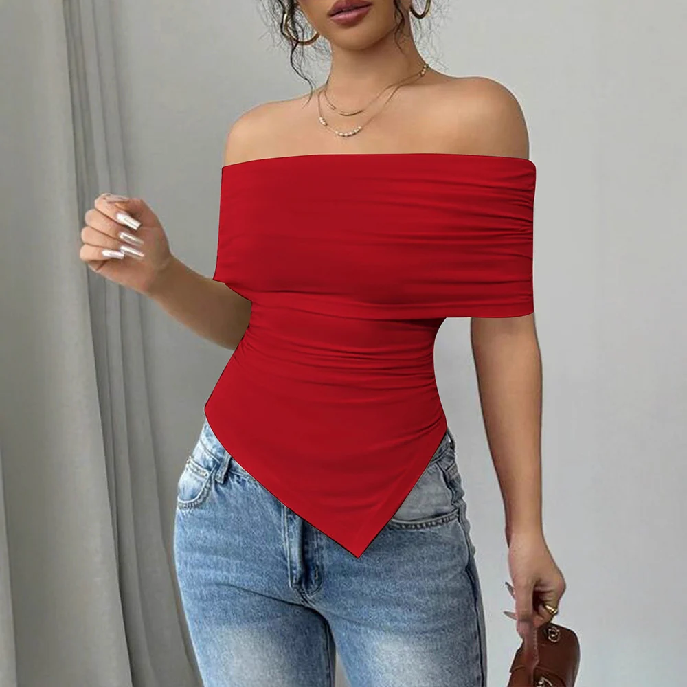 Damen Off-Shoulder Blusenshirt mit asymmetrischem Saum und Raffung R&B - Image 4