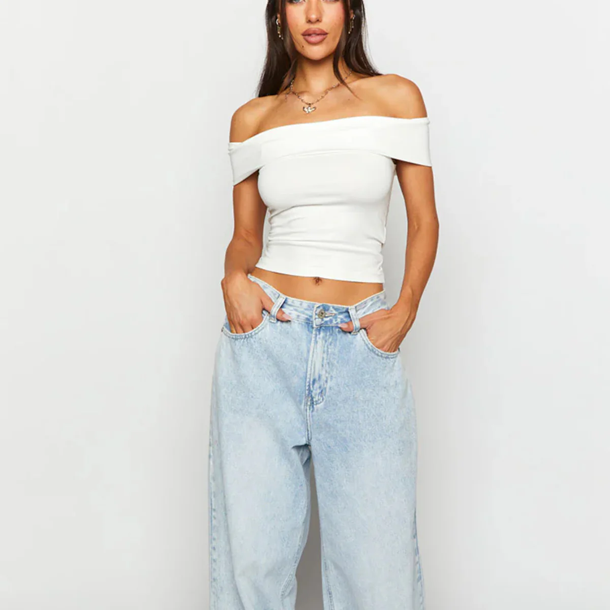 Damen Off-Shoulder Crop-Top aus elastischem Material mit figurformendem Design R&B - Image 2