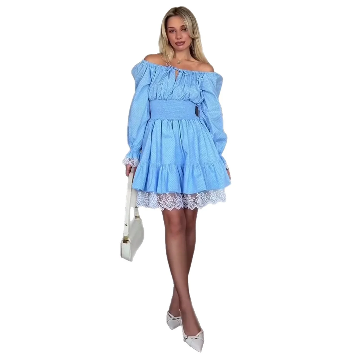 Damen Off-Shoulder Kleid mit voluminösen Rüschendetails und Spitzenbesatz R&B - Image 5
