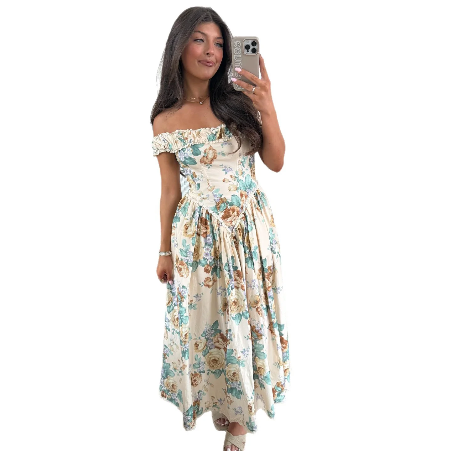 Damen Off-Shoulder Maxikleid mit floralen Akzenten und gerafftem Oberteil R&B - Image 5