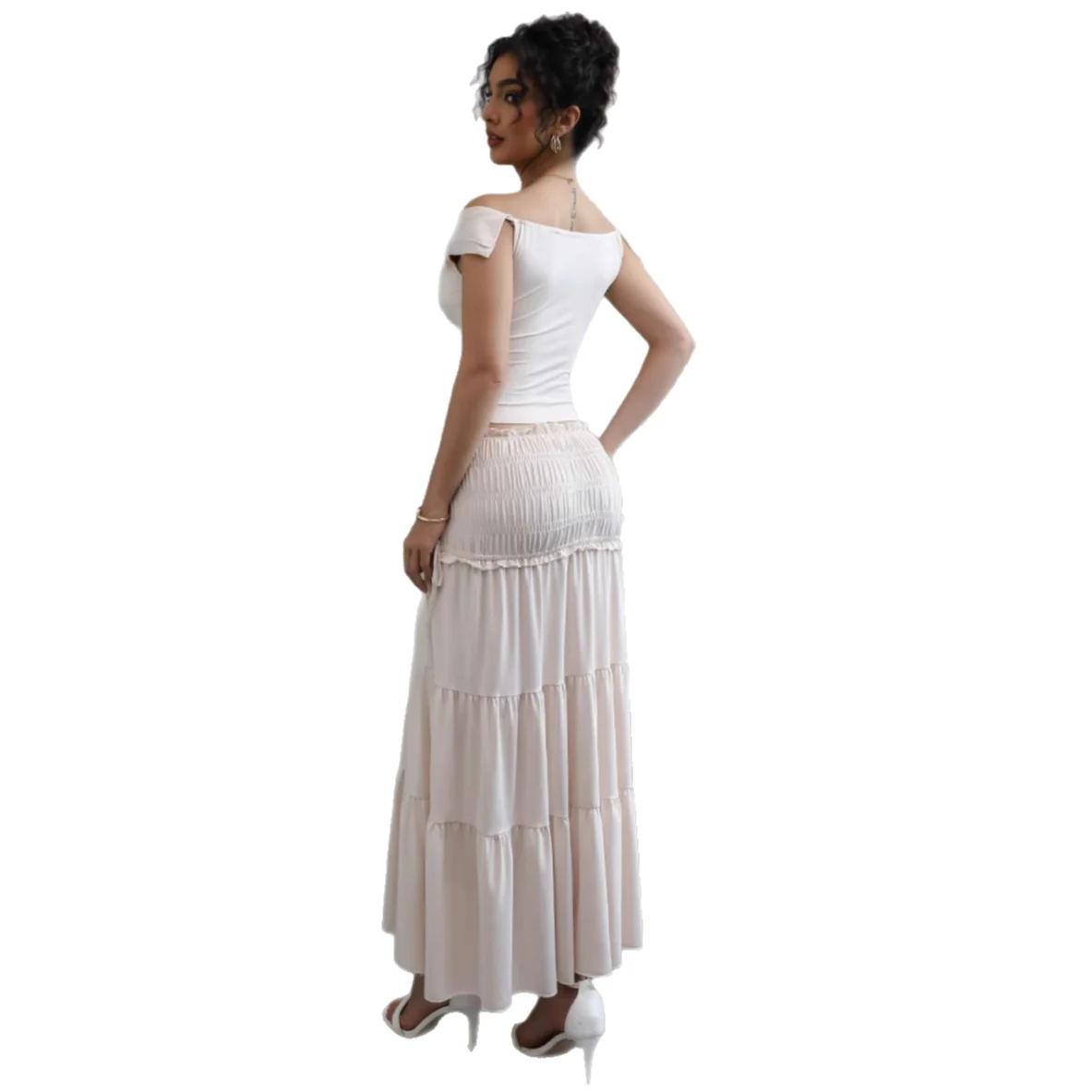 Damen Off-Shoulder Maxikleid mit gerafftem Rock und romantischem Design R&B - Image 5