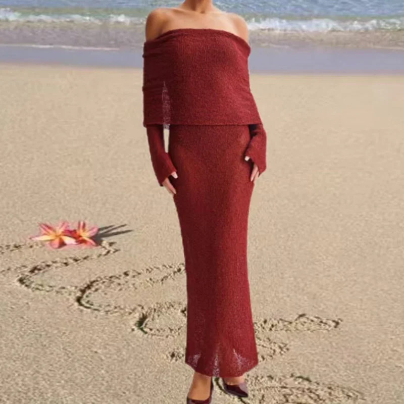 Damen Off-Shoulder Maxikleid mit langem Arm und elegantem Stoff R&B - Image 6