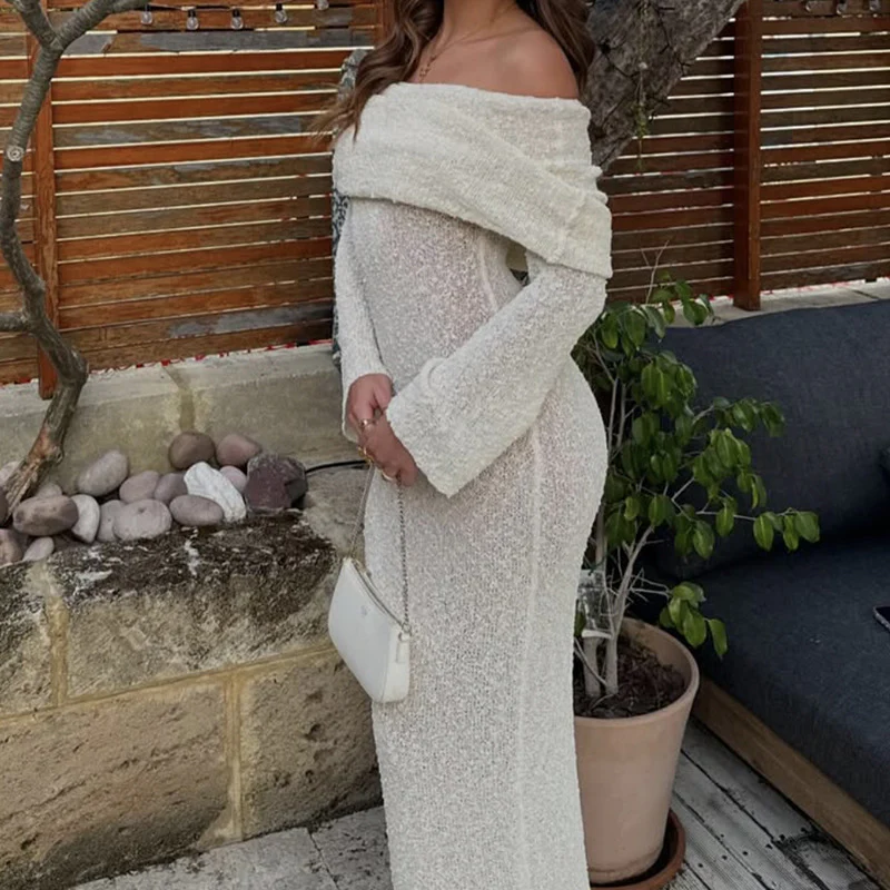 Damen Off-Shoulder Maxikleid mit langem Arm und elegantem Stoff R&B - Image 9
