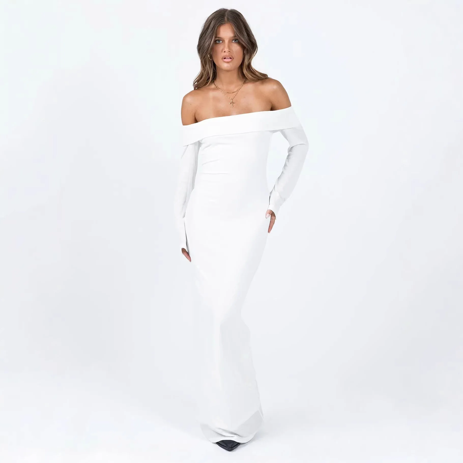 Damen Off-Shoulder Maxikleid mit langen Ärmeln und figurbetontem Schnitt R&B - Image 3