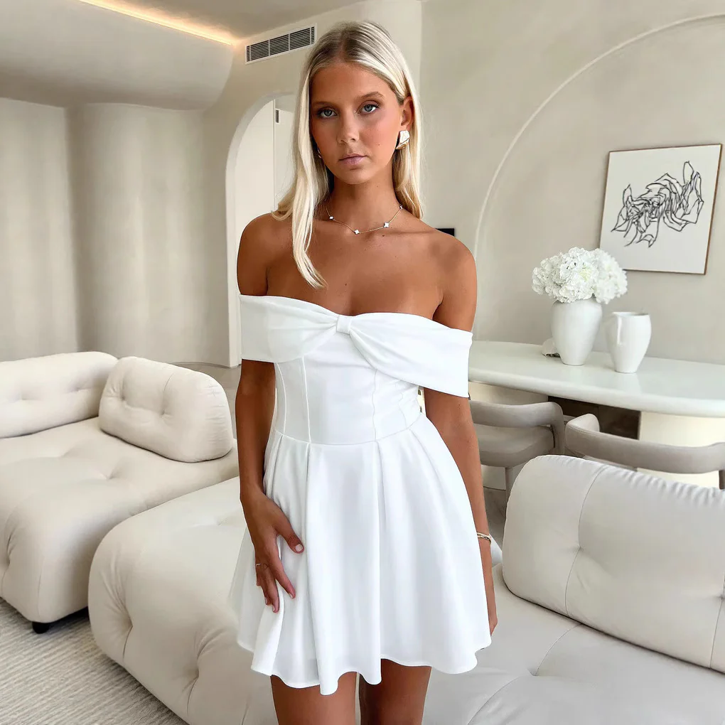 Damen Off-Shoulder Minikleid mit strukturiertem Bustier und schwingendem Rock R&B - Image 4