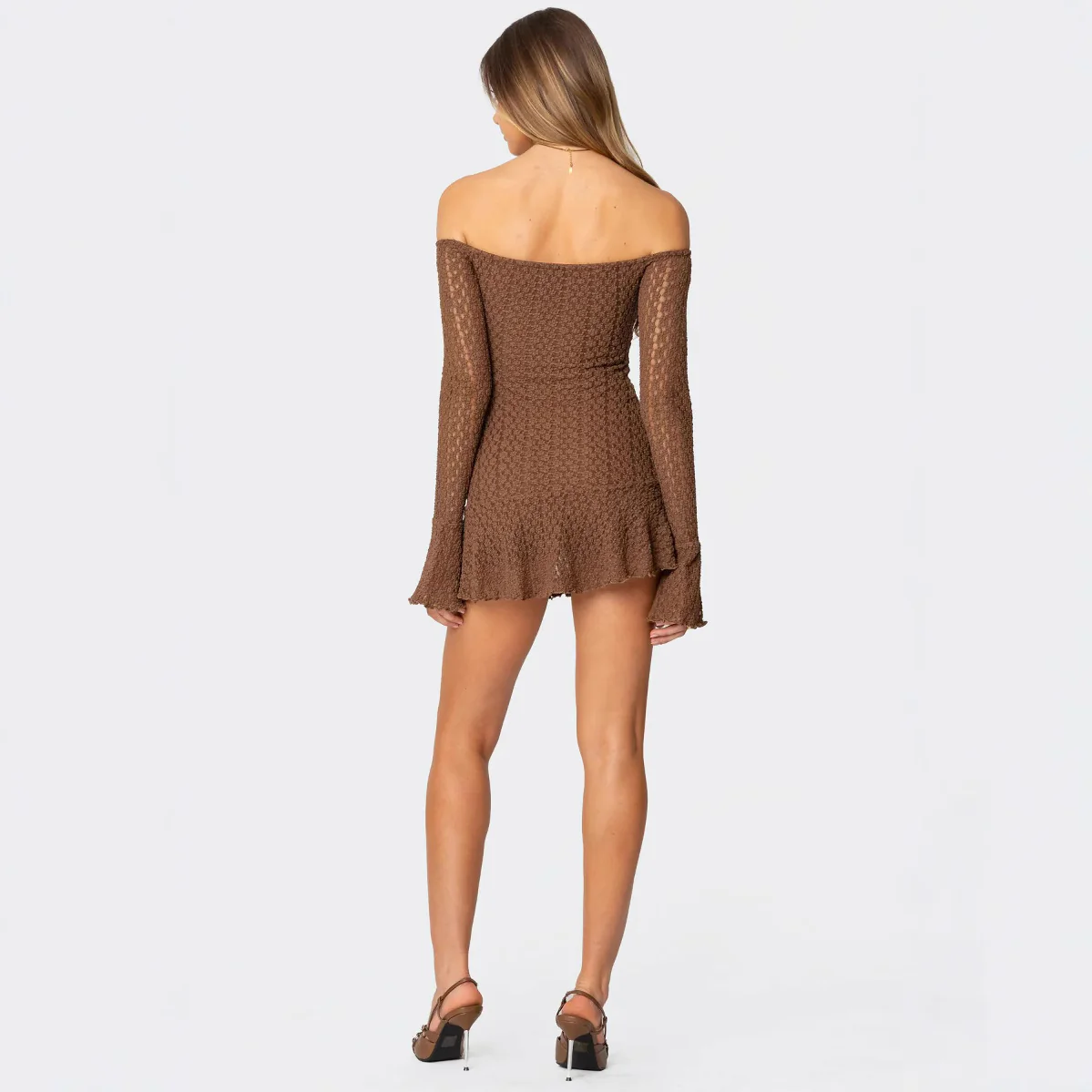 Damen Off-Shoulder Minikleid mit strukturiertem Häkelmuster und schwingendem Saum R&B - Image 5