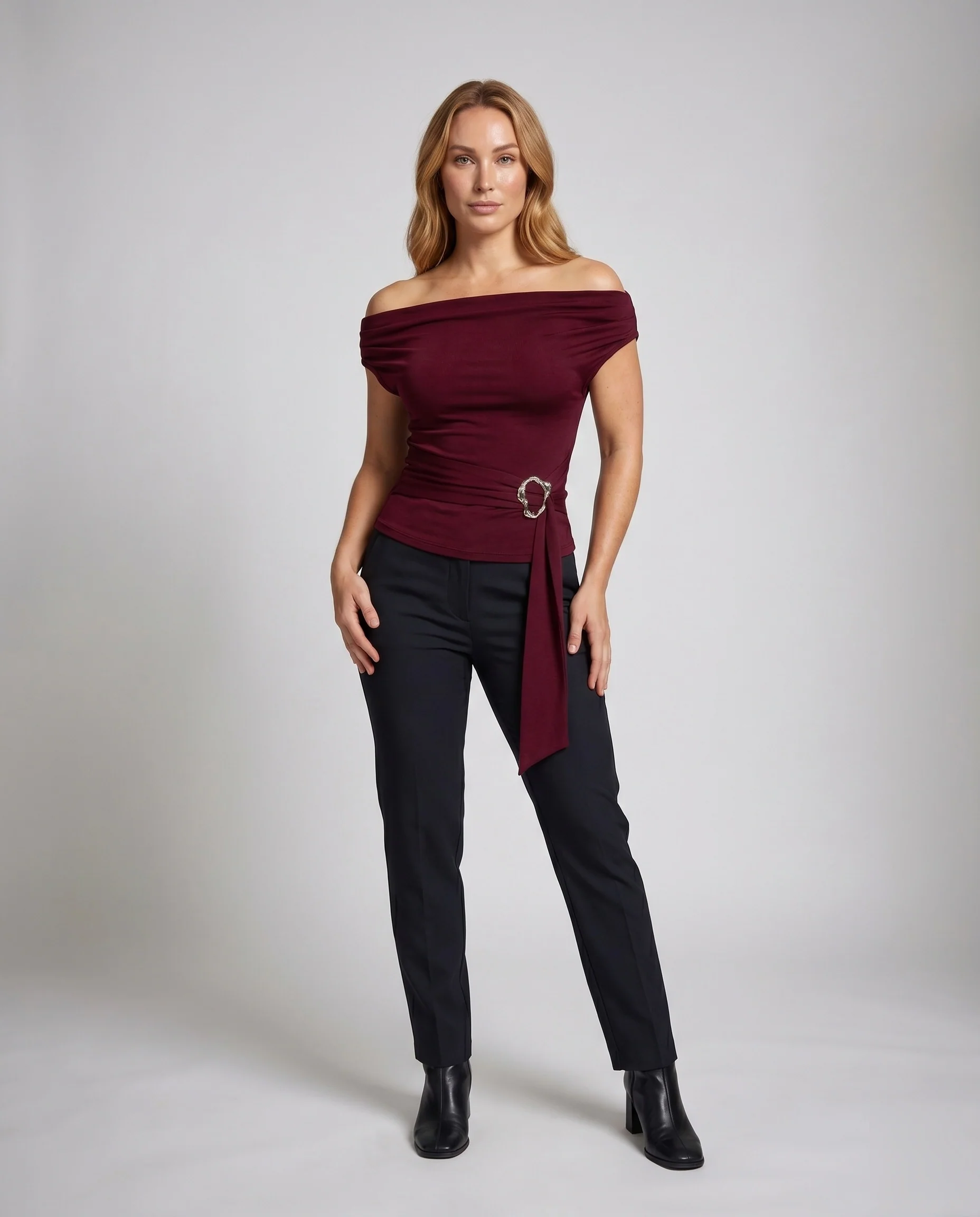 Damen Off-Shoulder Oberteil mit elegantem Kordelzug und modischem Schnallenakzent
