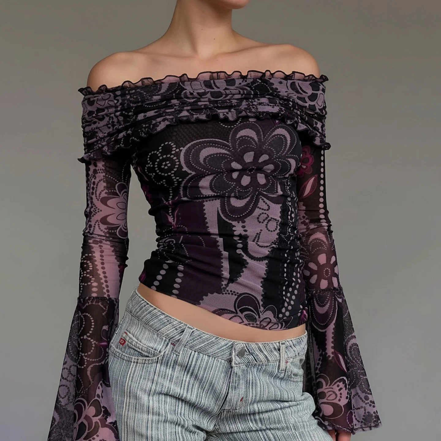 Damen Off-Shoulder Oberteil mit voluminösen Ärmeln und floralem Muster R&B - Image 2