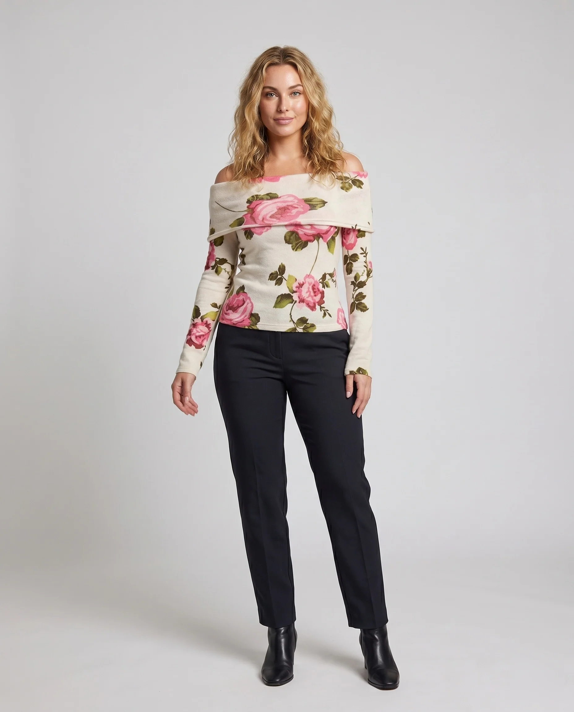 Damen Off-Shoulder Pullover mit floralem Muster R&B