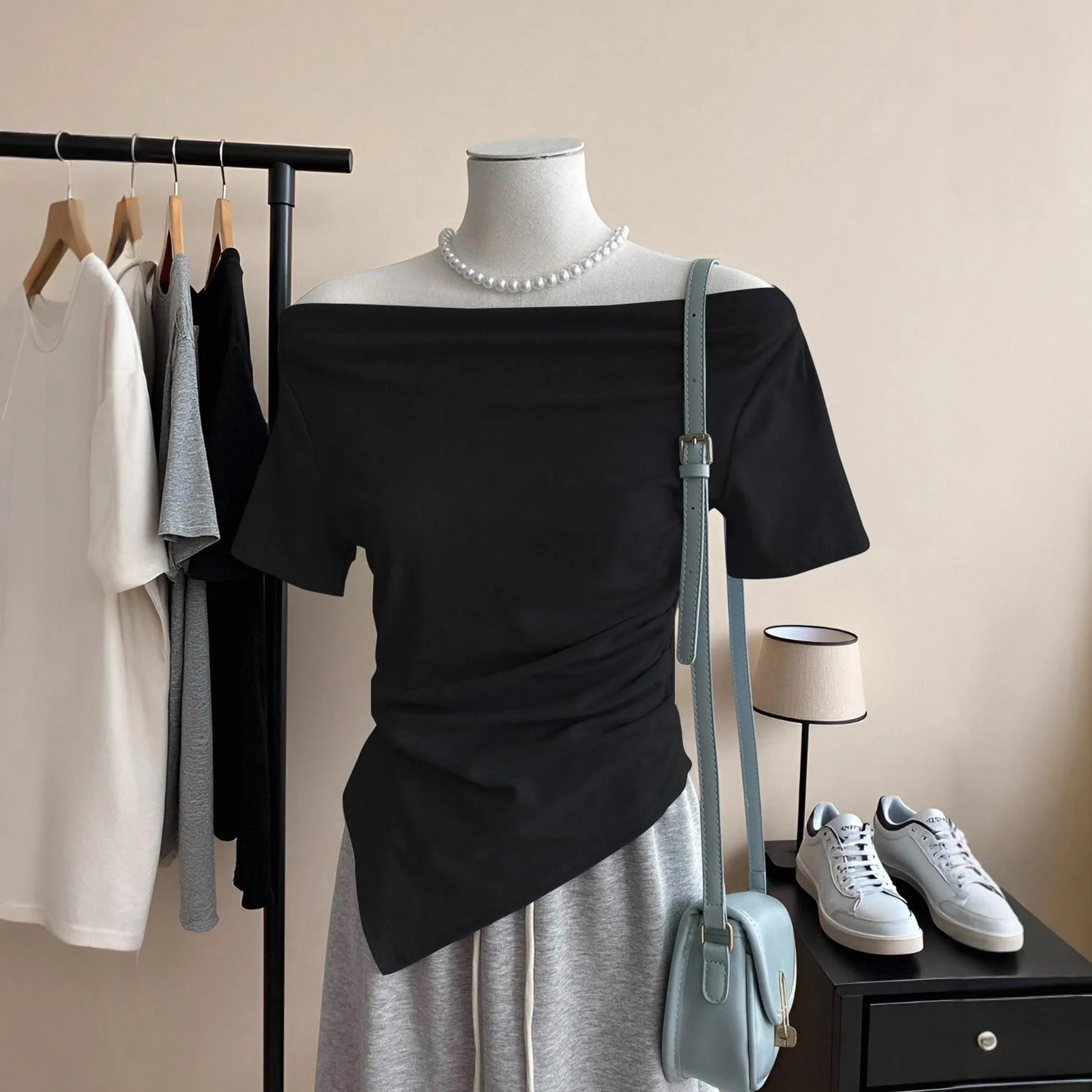 Damen Off-Shoulder T-Shirt mit Raffung R&B