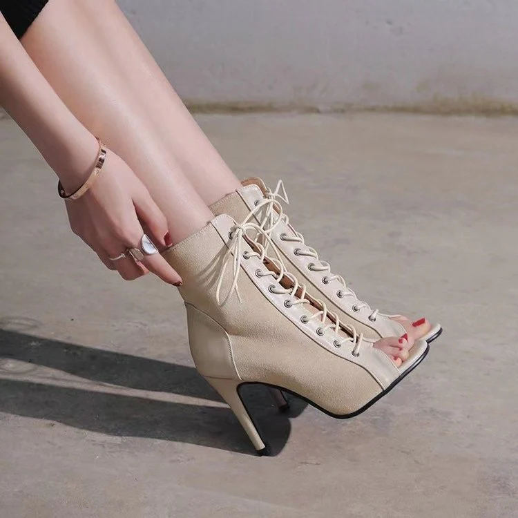 Damen Offene Zehen-Stiefeletten mit elegantem Schnürdesign und hohem Absatz R&B - Image 8