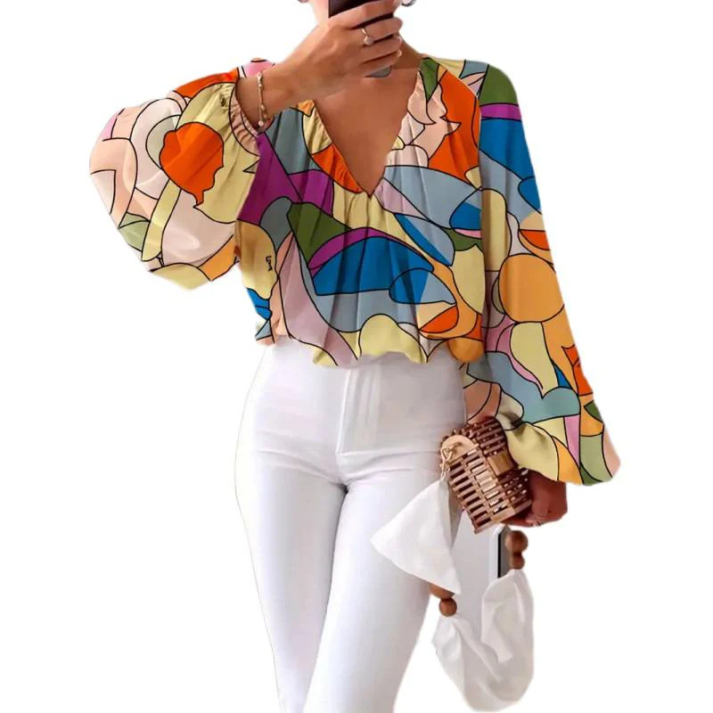 Damen oversized Bluse mit farbenfrohem grafischen Muster und weit ausgestellten Ärmeln R&B - Image 5