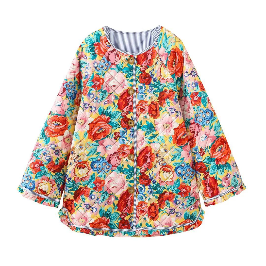 Damen Patchwork Steppjacke mit buntem Blumenmuster und Knopfdetails R&B - Image 4