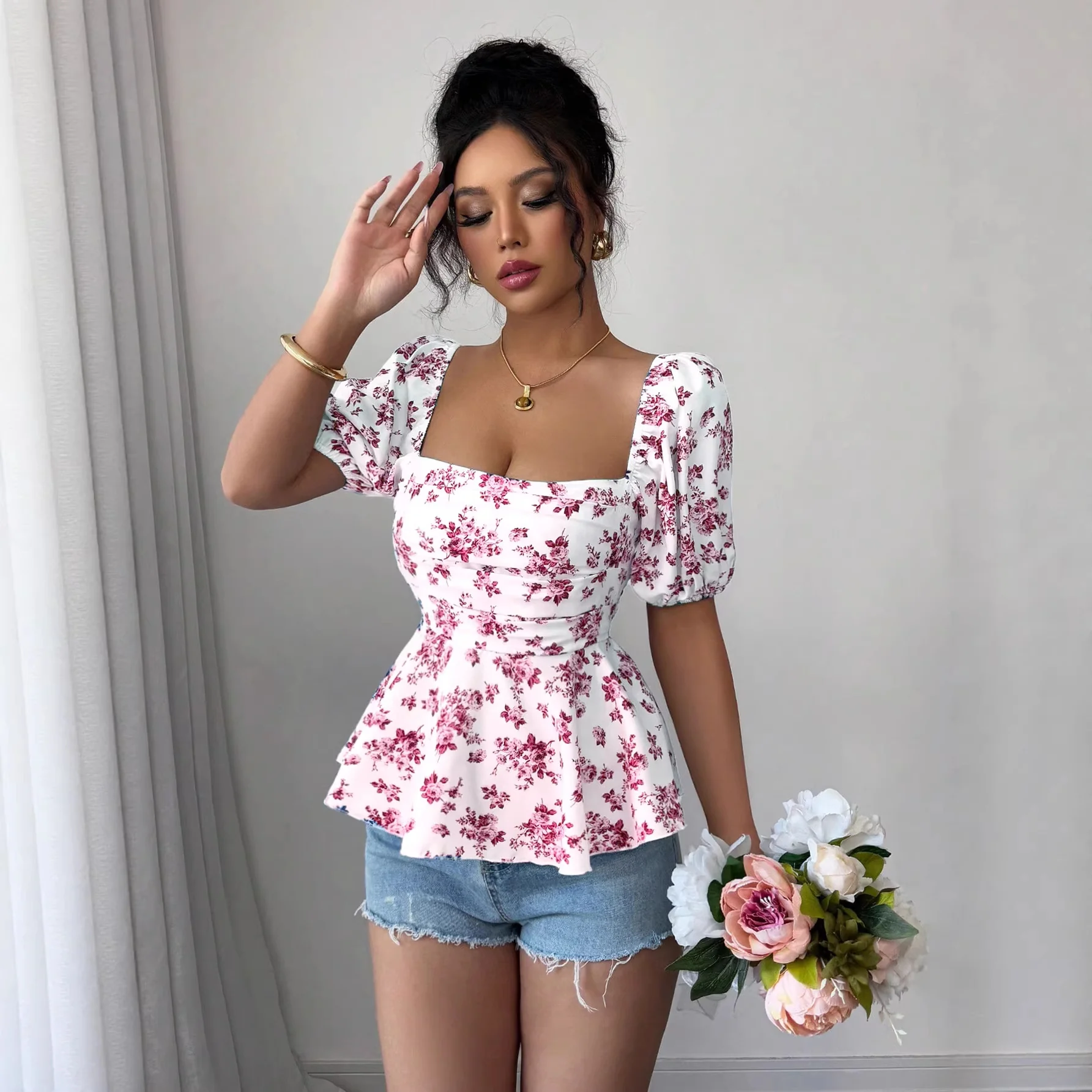 Damen Peplum-Bluse mit Puffärmeln und floralem Design R&B - Image 3