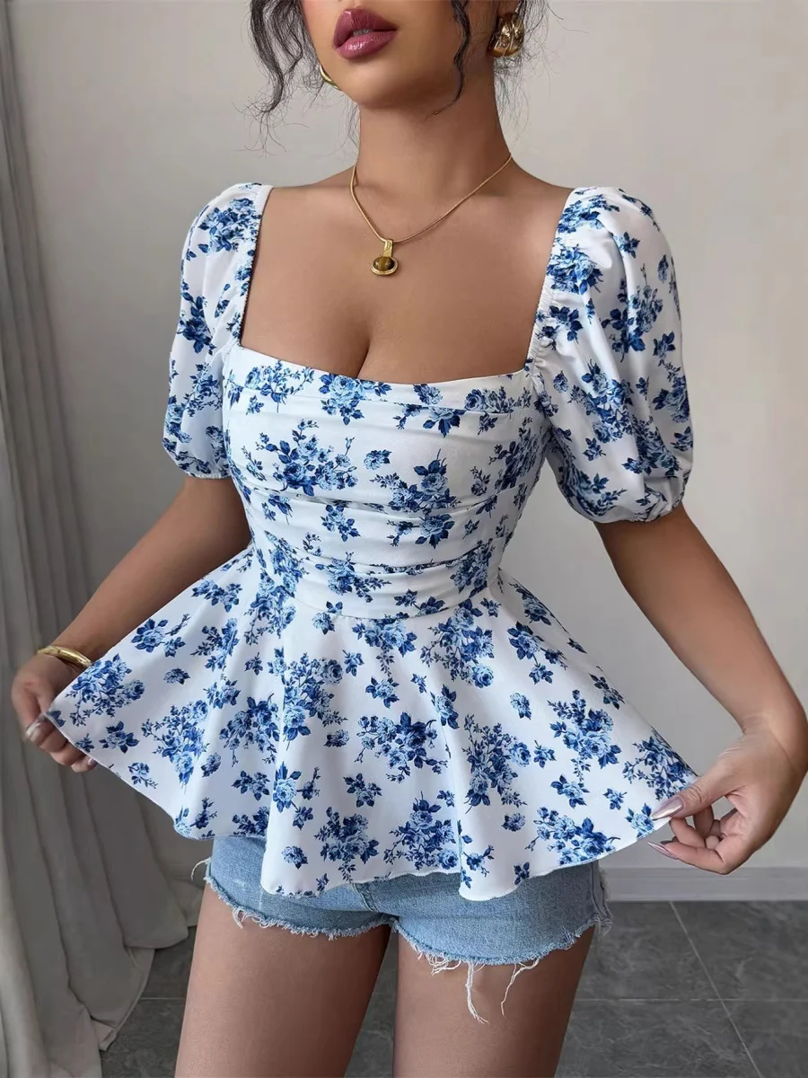 Damen Peplum-Bluse mit Puffärmeln und floralem Design R&B - Image 6