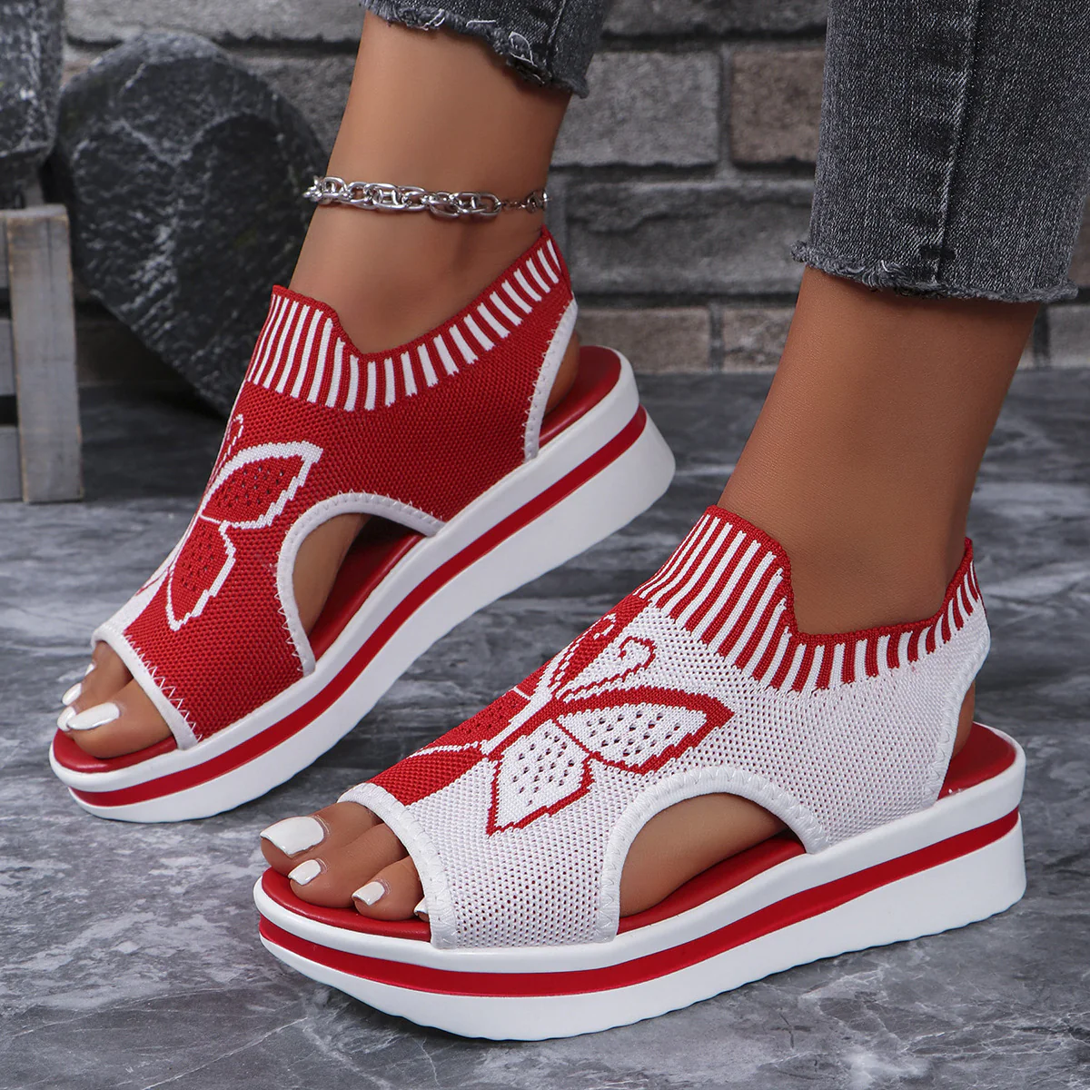 Damen Plattform-Sandalen mit floralem Strickdesign und rutschfester Sohle R&B - Image 8