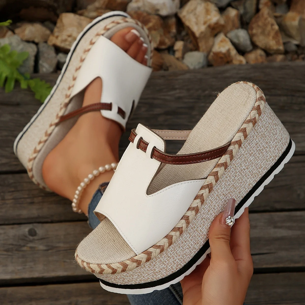 Damen Plattform-Sandalen mit modischem Bast-Design und gepolsterter Sohle R&B - Image 7