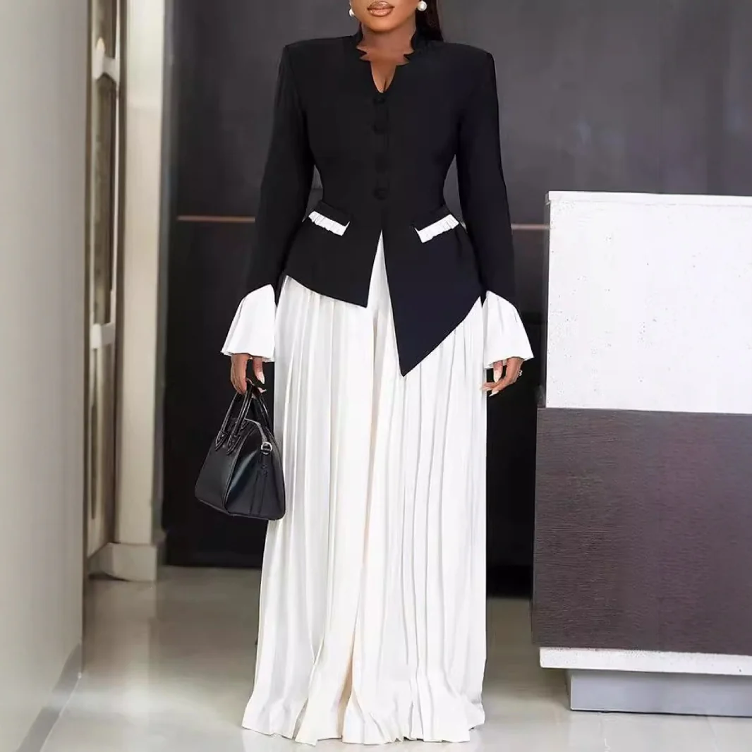 Damen Plissiertes Maxikleid mit strukturiertem Blazer und eleganten Akzenten R&B