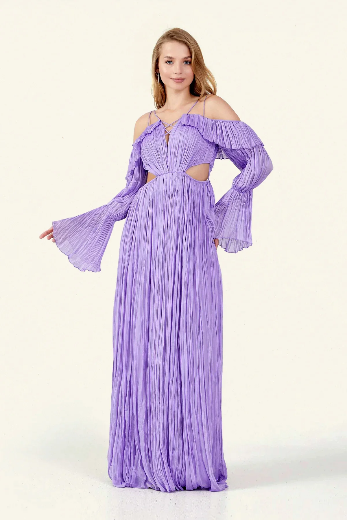 Damen Plissiertes Maxikleid mit tiefem V-Ausschnitt und eleganten Cut-Outs R&B - Image 6