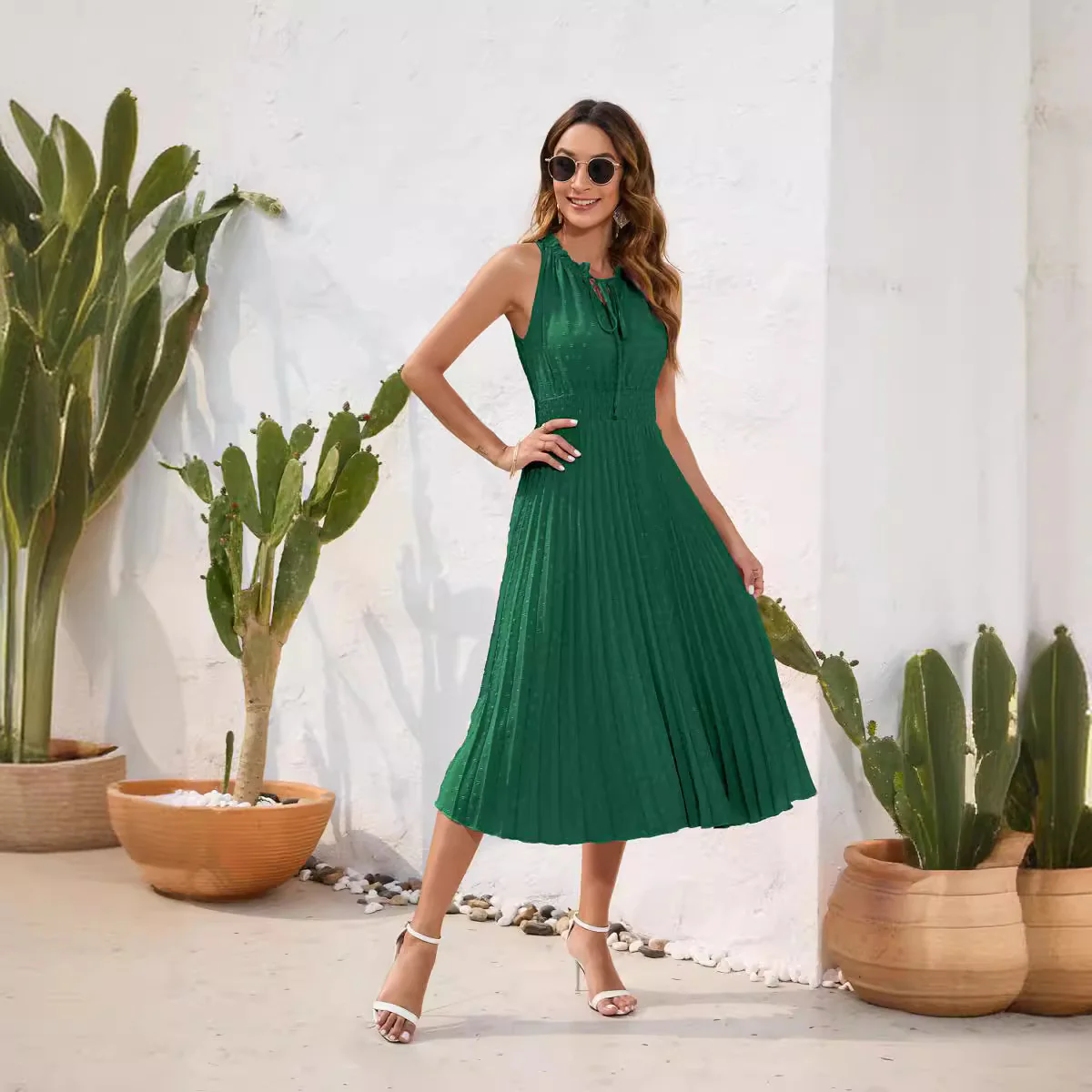 Damen Plissiertes Midikleid mit elegantem Schlitz und verstellbarem Kragen R&B - Image 3