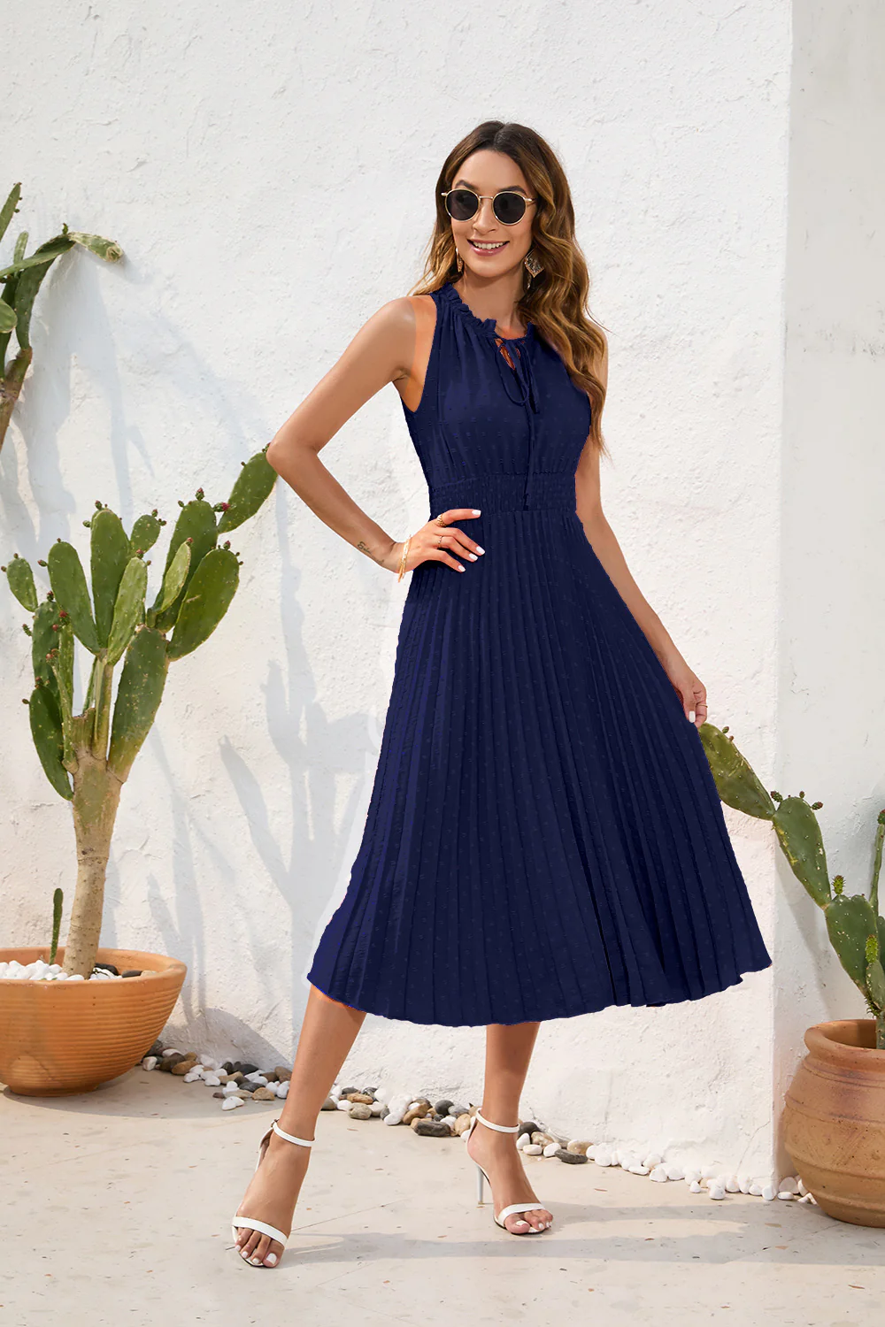 Damen Plissiertes Midikleid mit elegantem Schlitz und verstellbarem Kragen R&B - Image 6